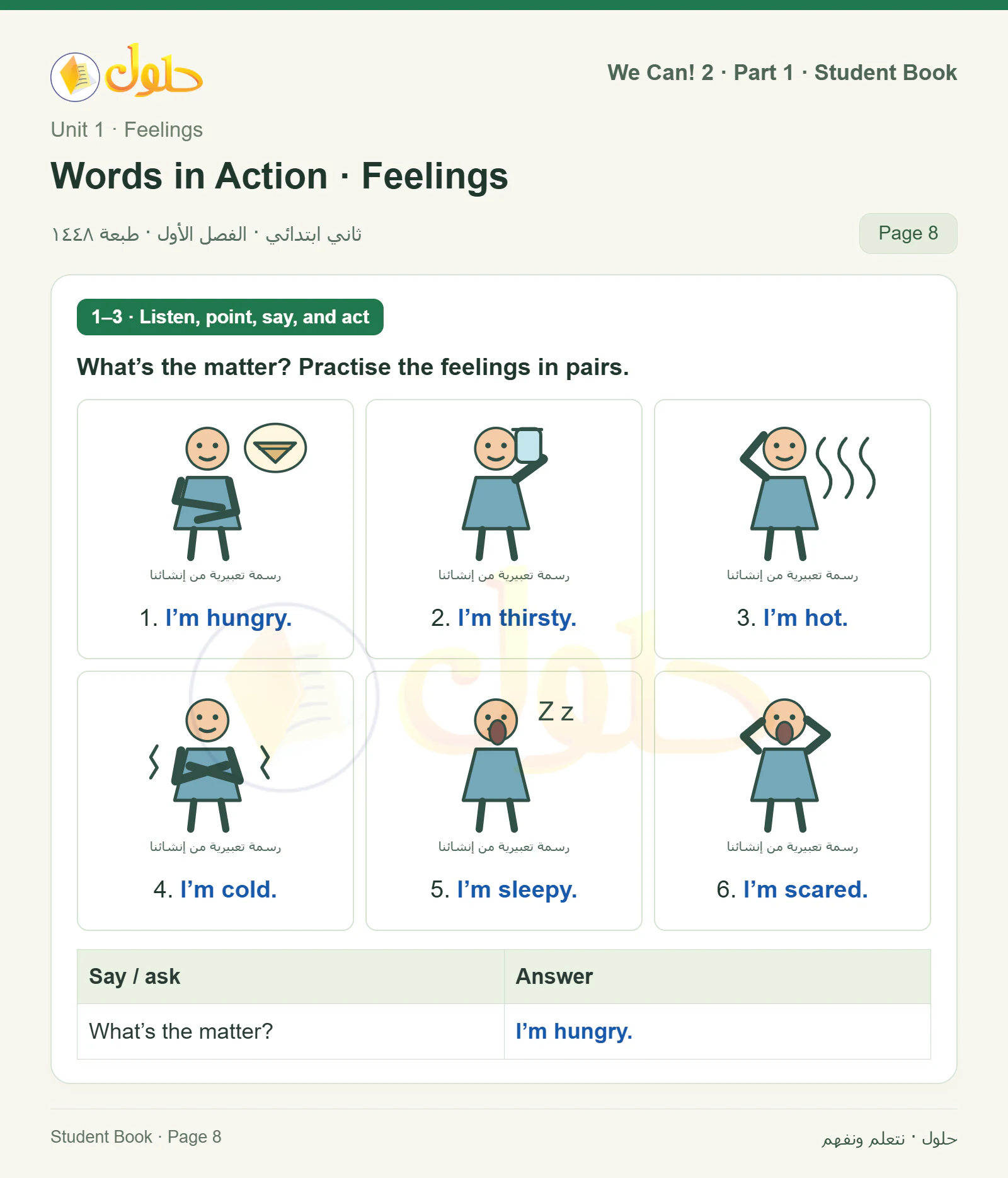 حل اللغة الإنجليزية للصف الثاني الابتدائي، كتاب الطالب، Words in Action · Feelings، صفحة ٨، الجزء ١