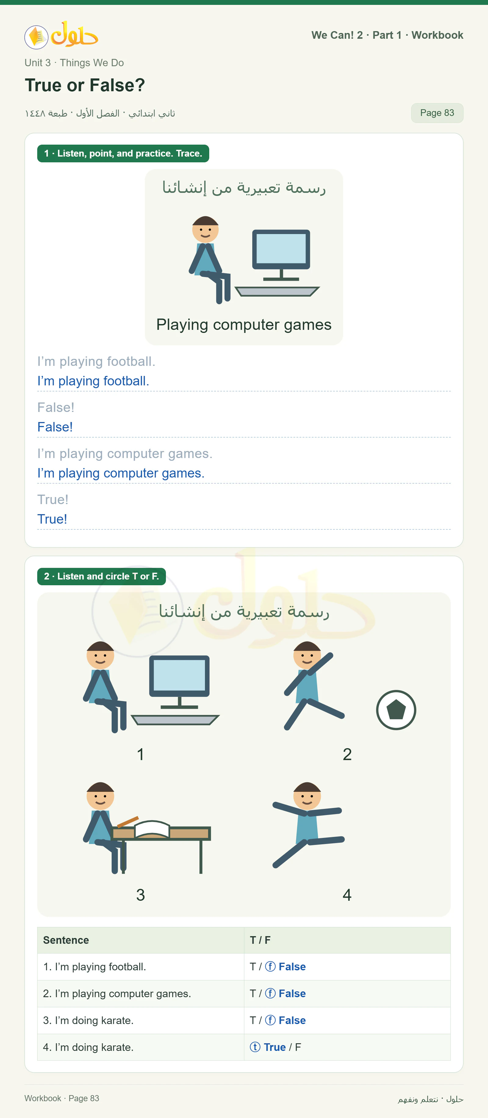 حل اللغة الإنجليزية للصف الثاني الابتدائي، كتاب النشاط، True or False?، صفحة ٨٣، الجزء ١
