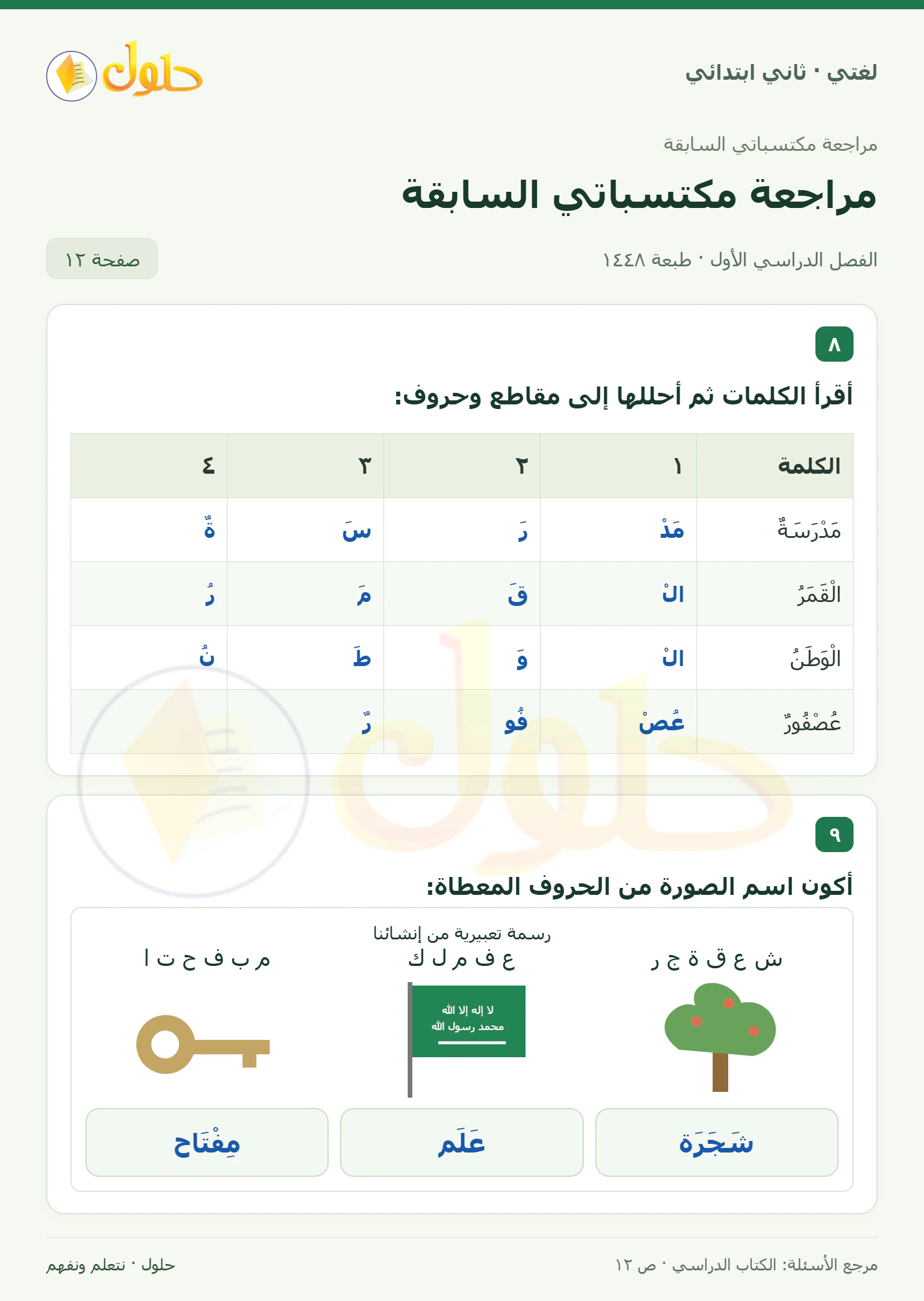 حل لغتي للصف الثاني الابتدائي صفحة 12