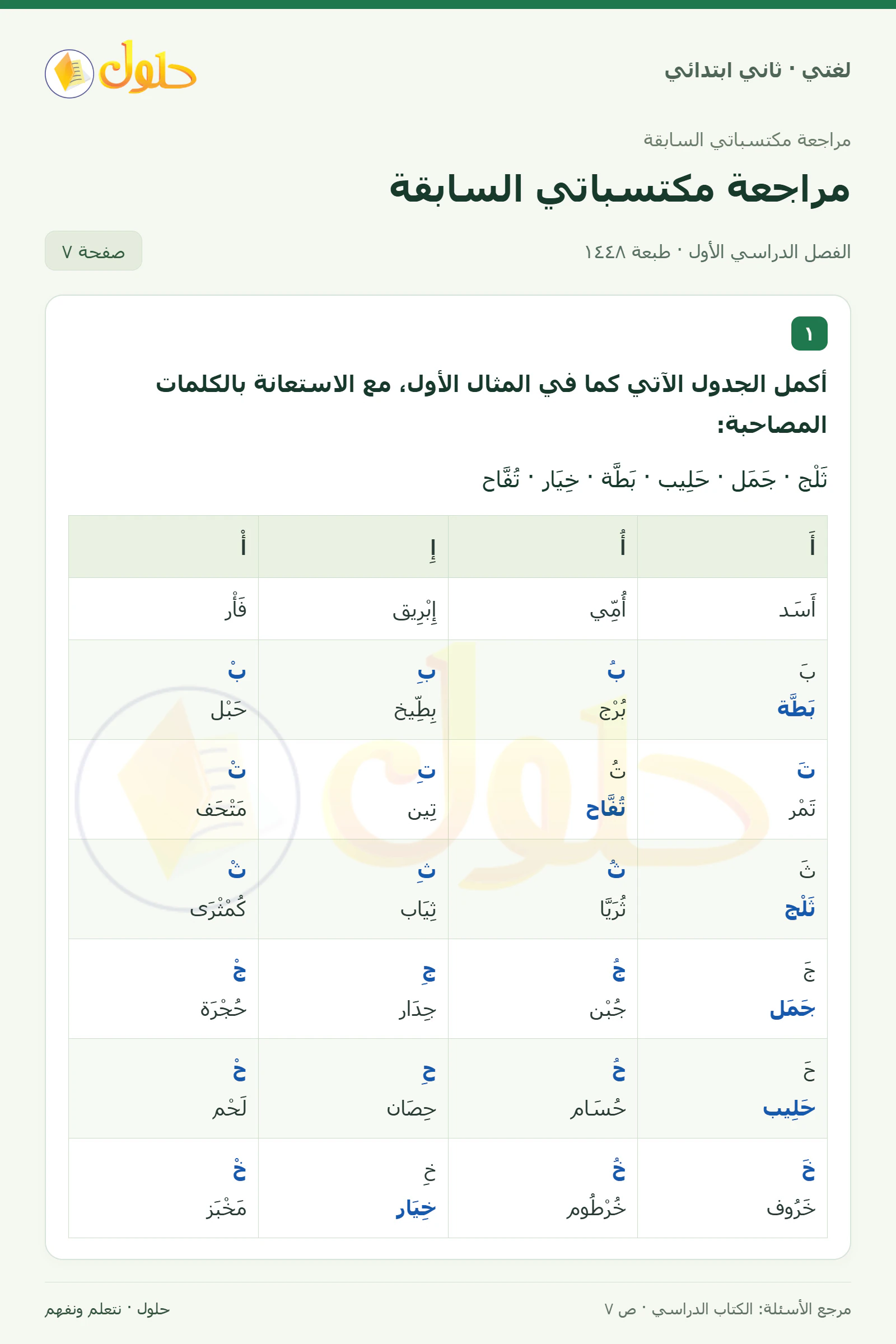 حل لغتي للصف الثاني الابتدائي صفحة 7