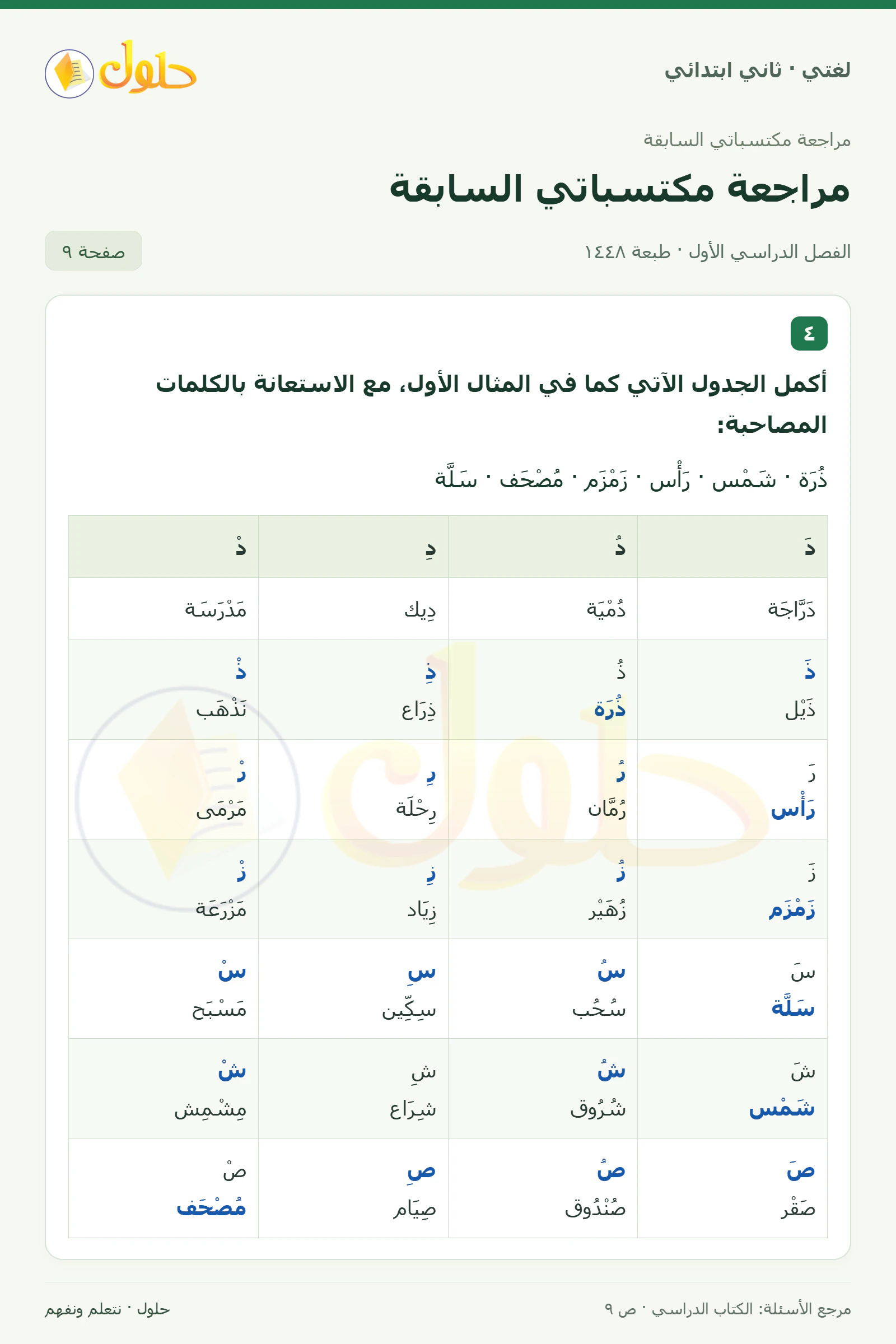 حل لغتي للصف الثاني الابتدائي صفحة 9