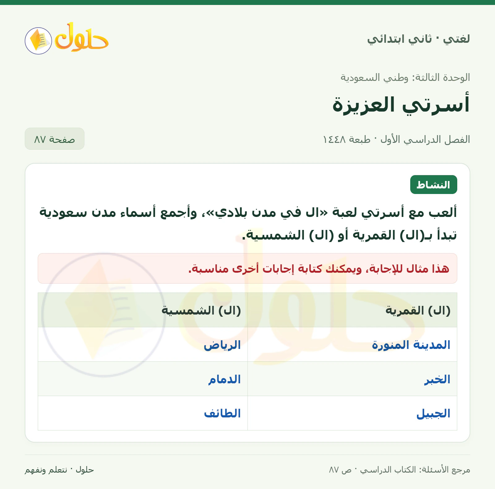 حل لغتي للصف الثاني الابتدائي صفحة 87