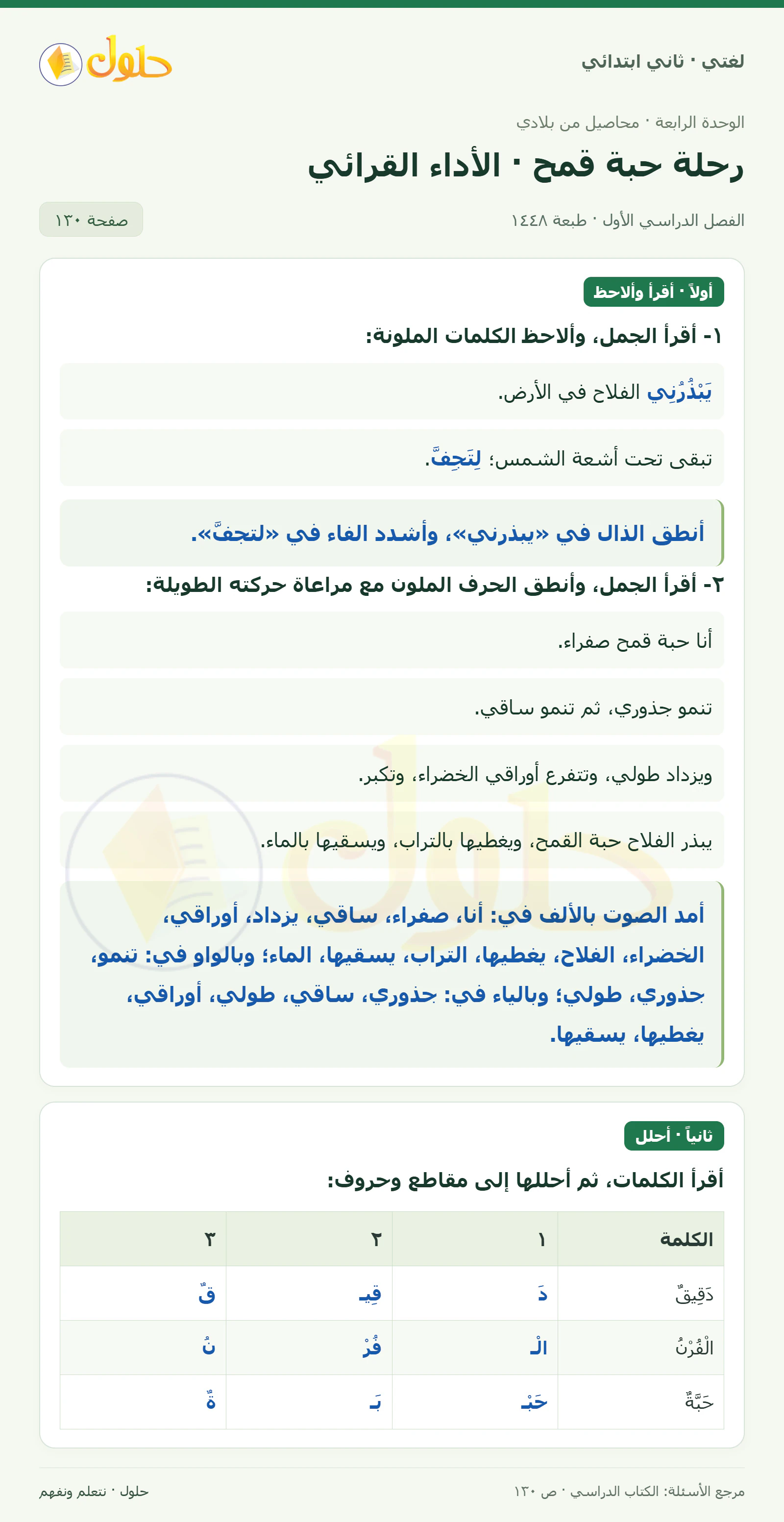 حل لغتي للصف الثاني الابتدائي صفحة 130