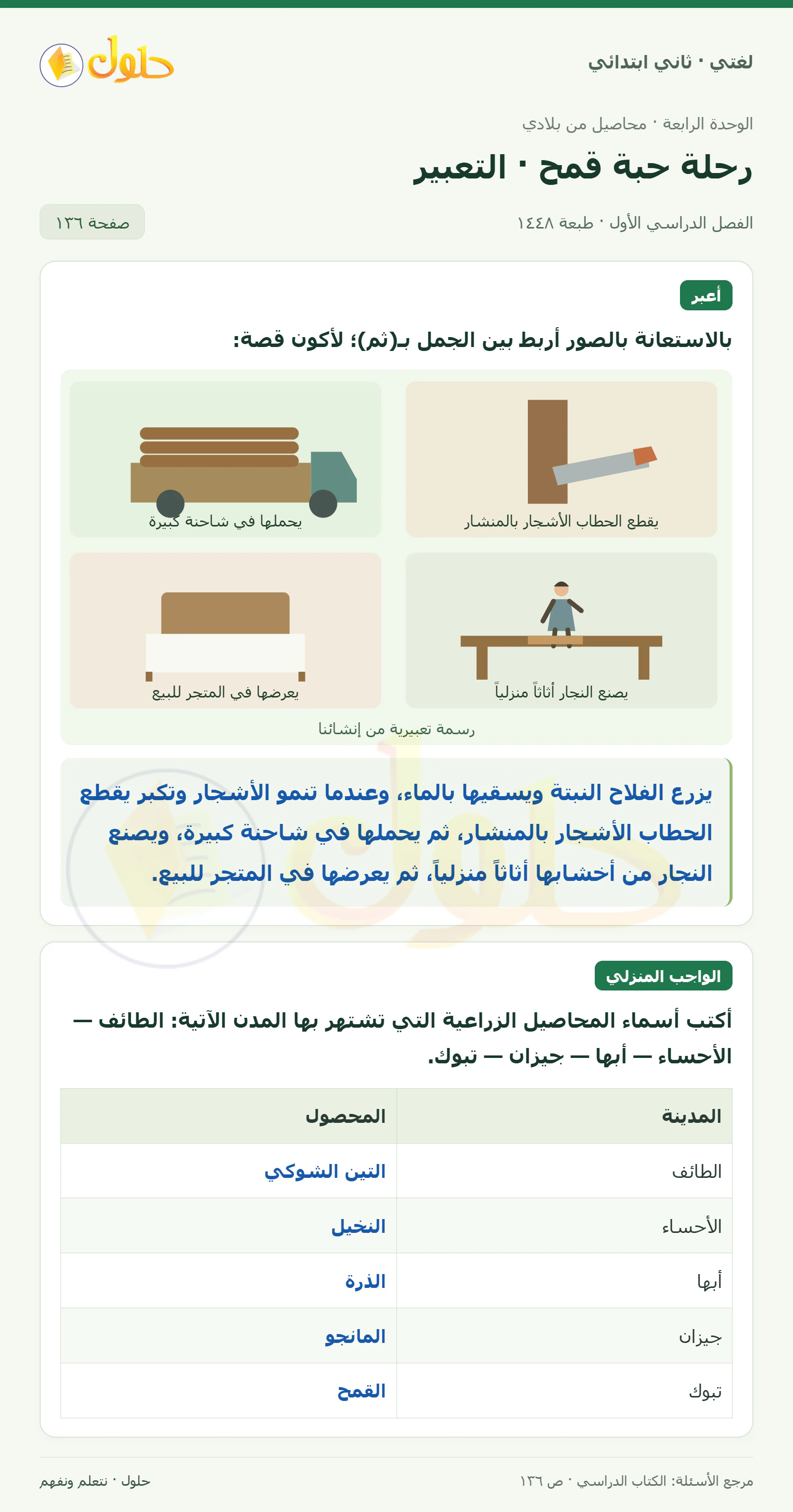 حل لغتي للصف الثاني الابتدائي صفحة 136