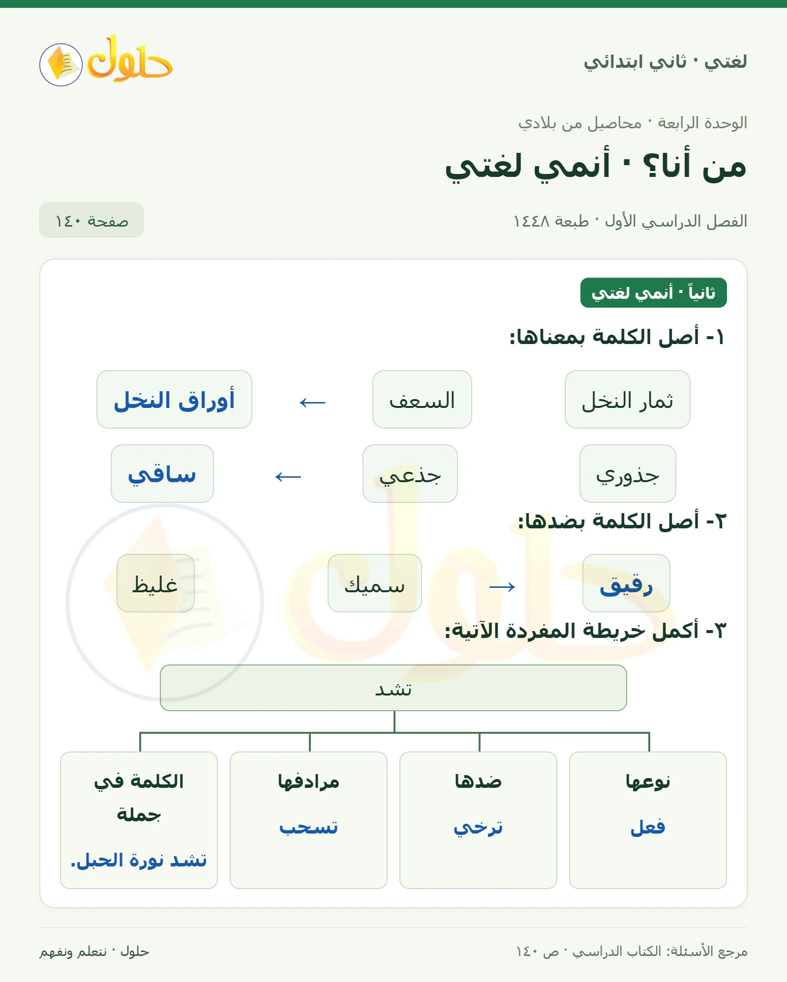 حل لغتي للصف الثاني الابتدائي صفحة 140