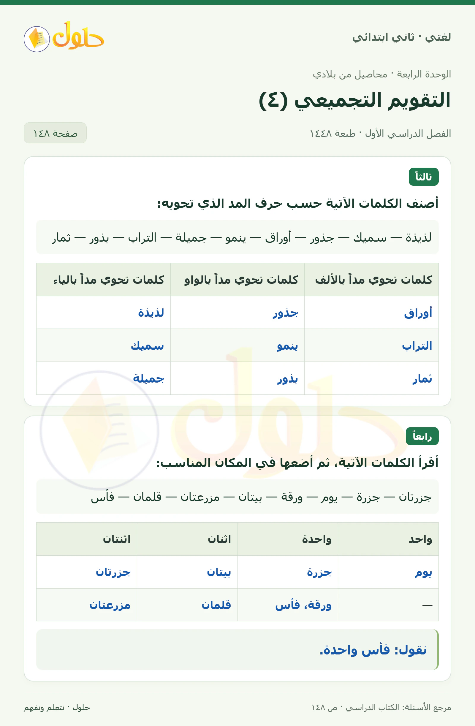 حل لغتي للصف الثاني الابتدائي صفحة 148