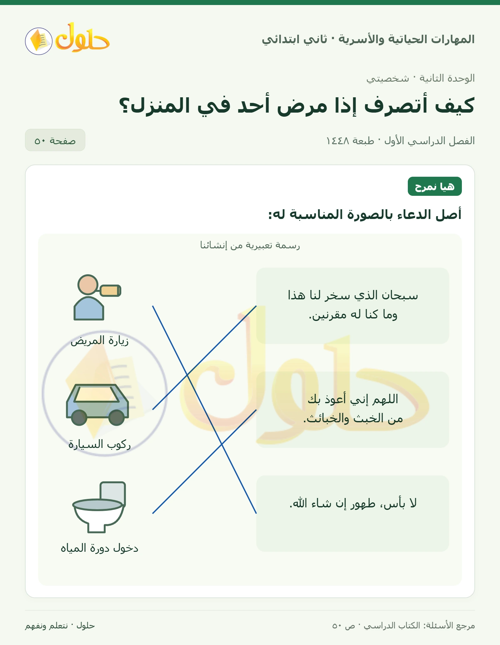 حل المهارات الحياتية والأسرية للصف الثاني الابتدائي، الفصل الدراسي الأول، كيف أتصرف إذا مرض أحد في المنزل؟، صفحة ٥٠، الجزء ١