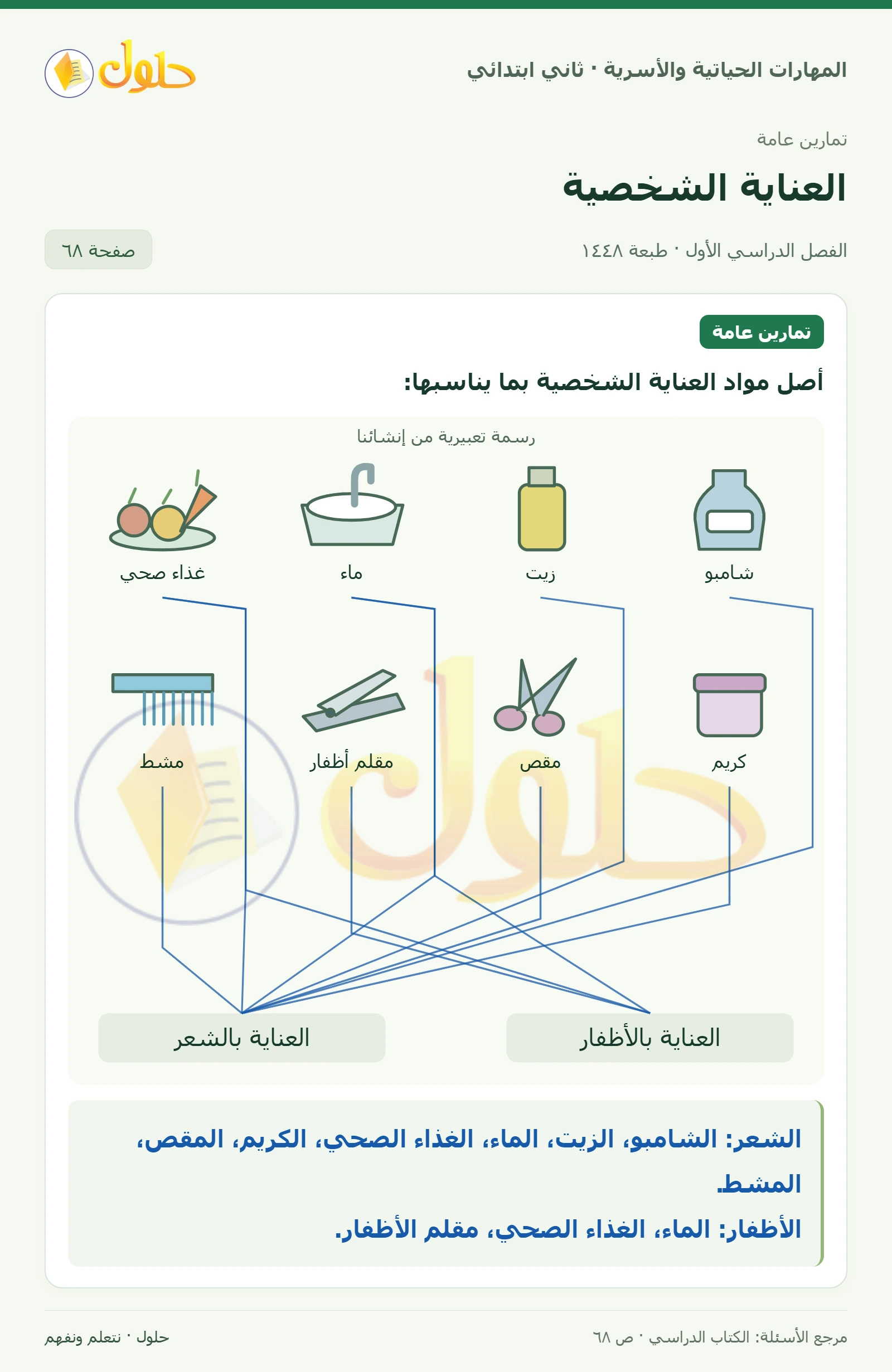 حل المهارات الحياتية والأسرية للصف الثاني الابتدائي، الفصل الدراسي الأول، العناية الشخصية، صفحة ٦٨، الجزء ١