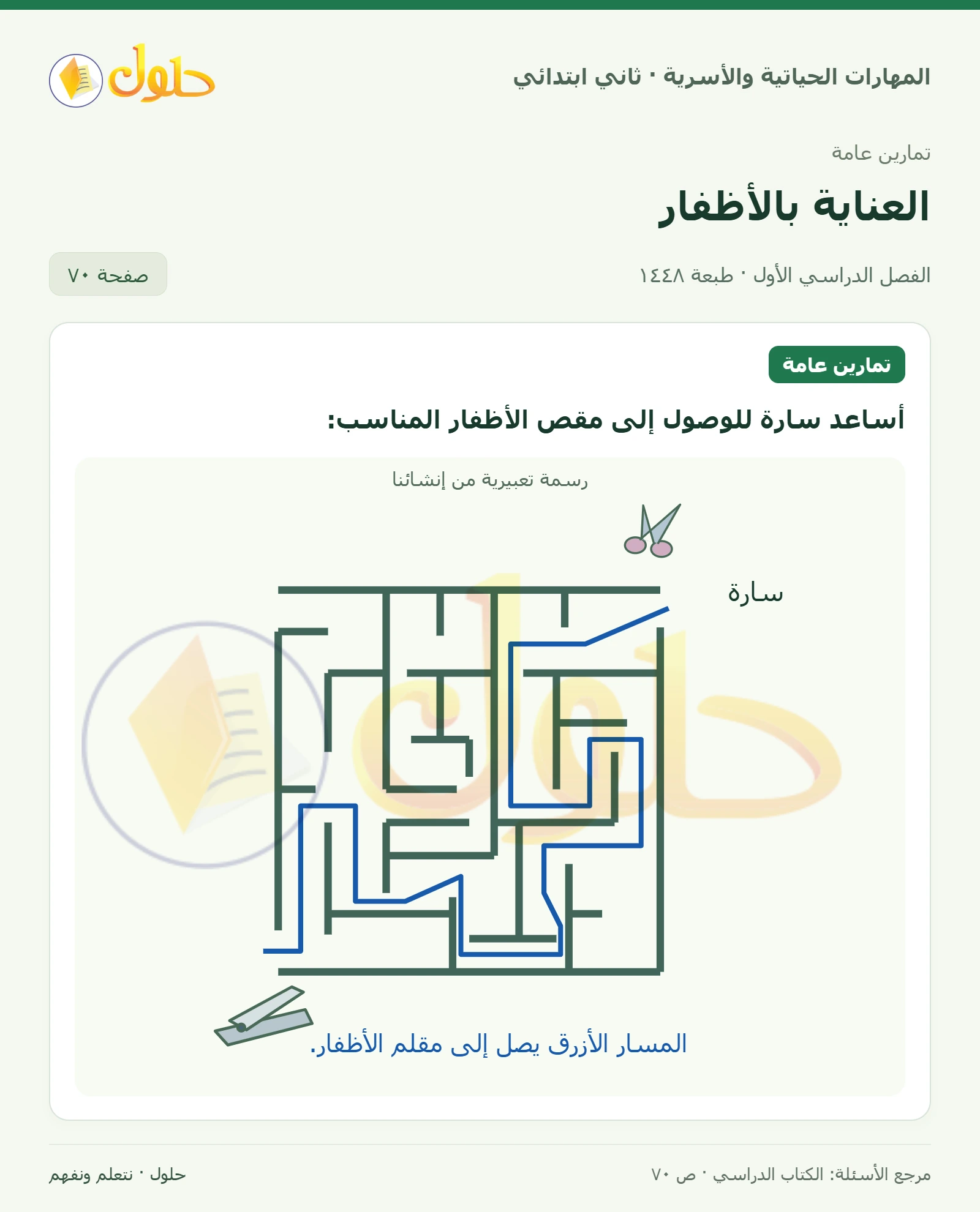 حل المهارات الحياتية والأسرية للصف الثاني الابتدائي، الفصل الدراسي الأول، العناية بالأظفار، صفحة ٧٠، الجزء ١