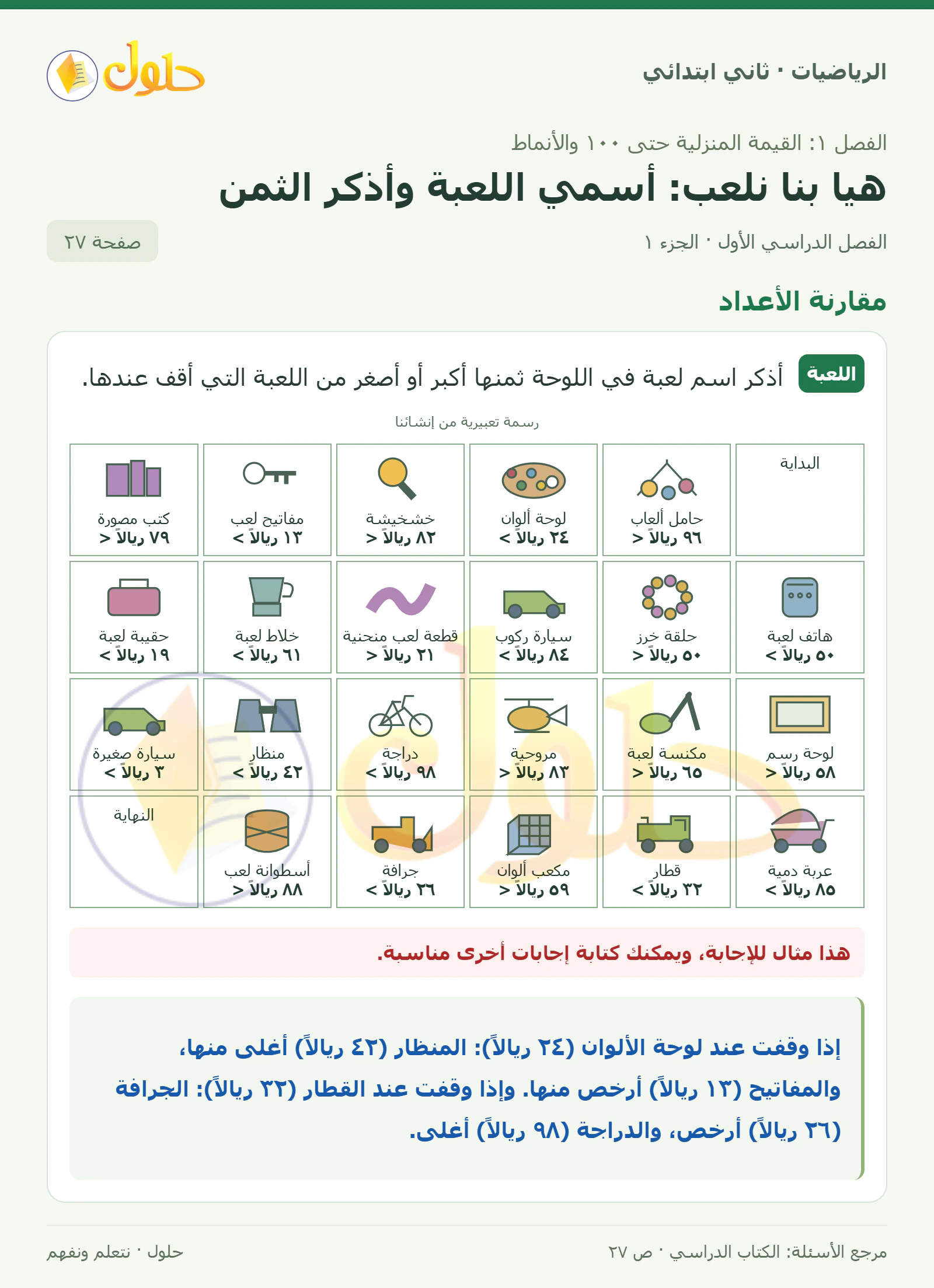 حل الرياضيات للصف الثاني الابتدائي، الفصل الدراسي الأول، هيا بنا نلعب: أسمي اللعبة وأذكر الثمن، صفحة ٢٧، الجزء ١