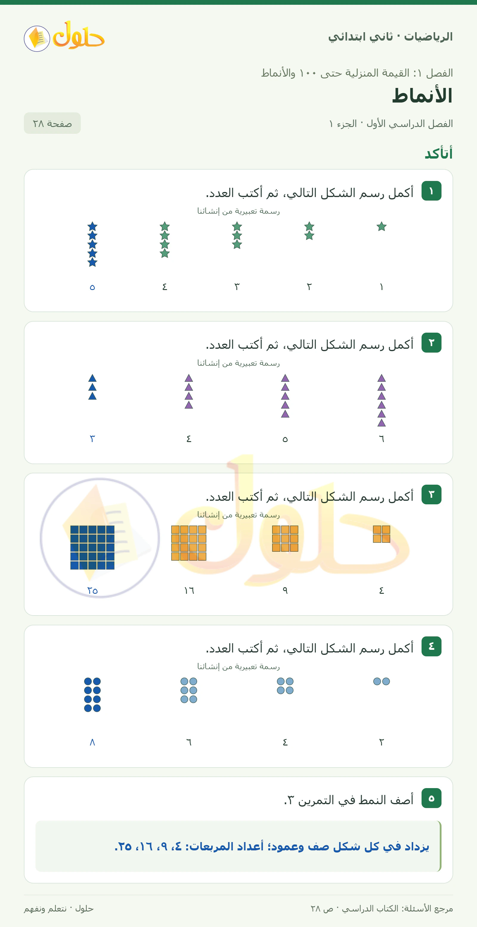 حل الرياضيات للصف الثاني الابتدائي، الفصل الدراسي الأول، الأنماط، صفحة ٢٨، الجزء ١
