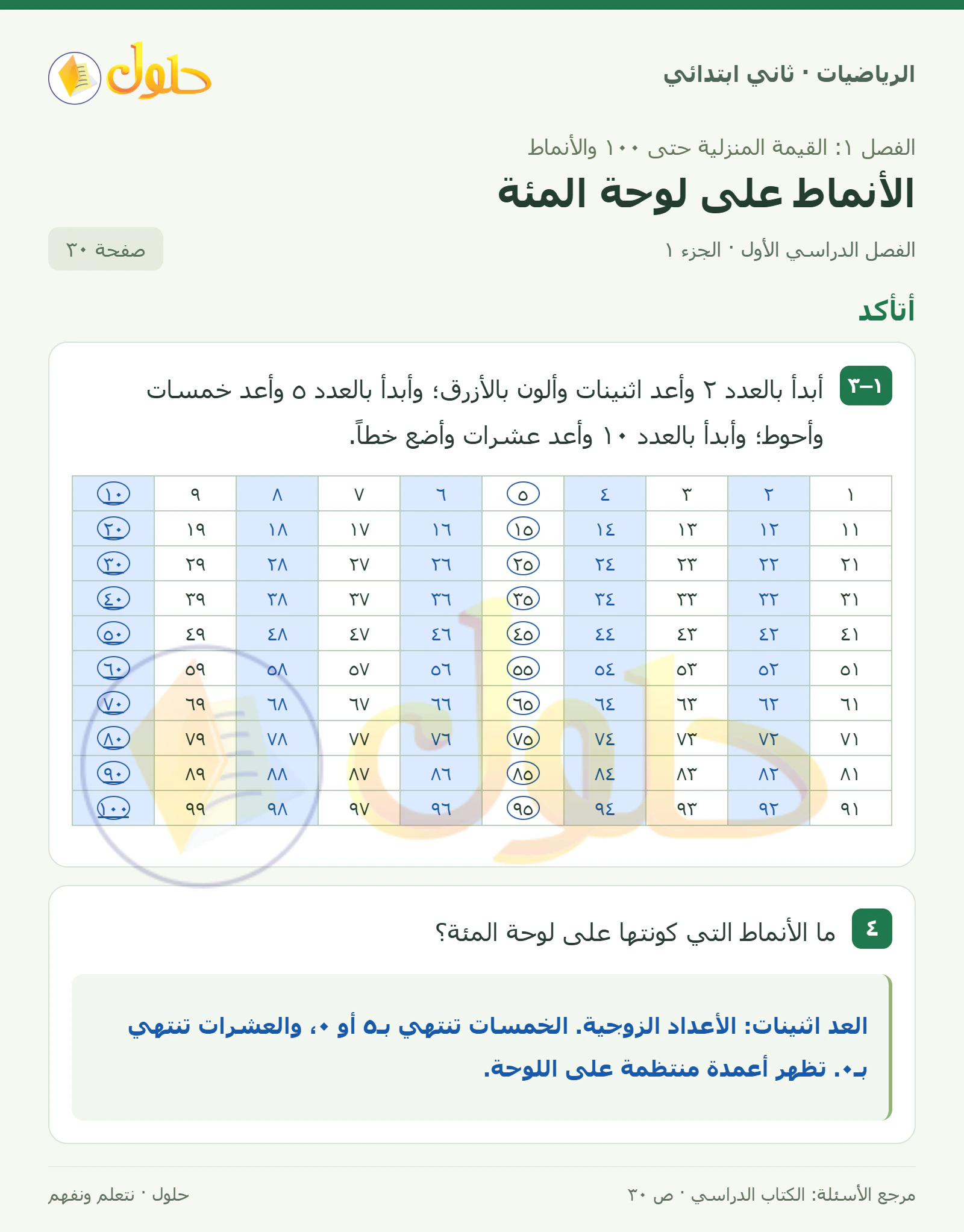 حل الرياضيات للصف الثاني الابتدائي، الفصل الدراسي الأول، الأنماط على لوحة المئة، صفحة ٣٠، الجزء ١