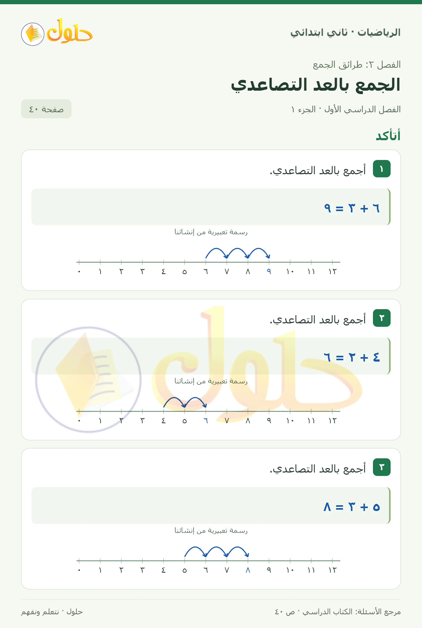 حل الرياضيات للصف الثاني الابتدائي، الفصل الدراسي الأول، الجمع بالعد التصاعدي، صفحة ٤٠، الجزء ١