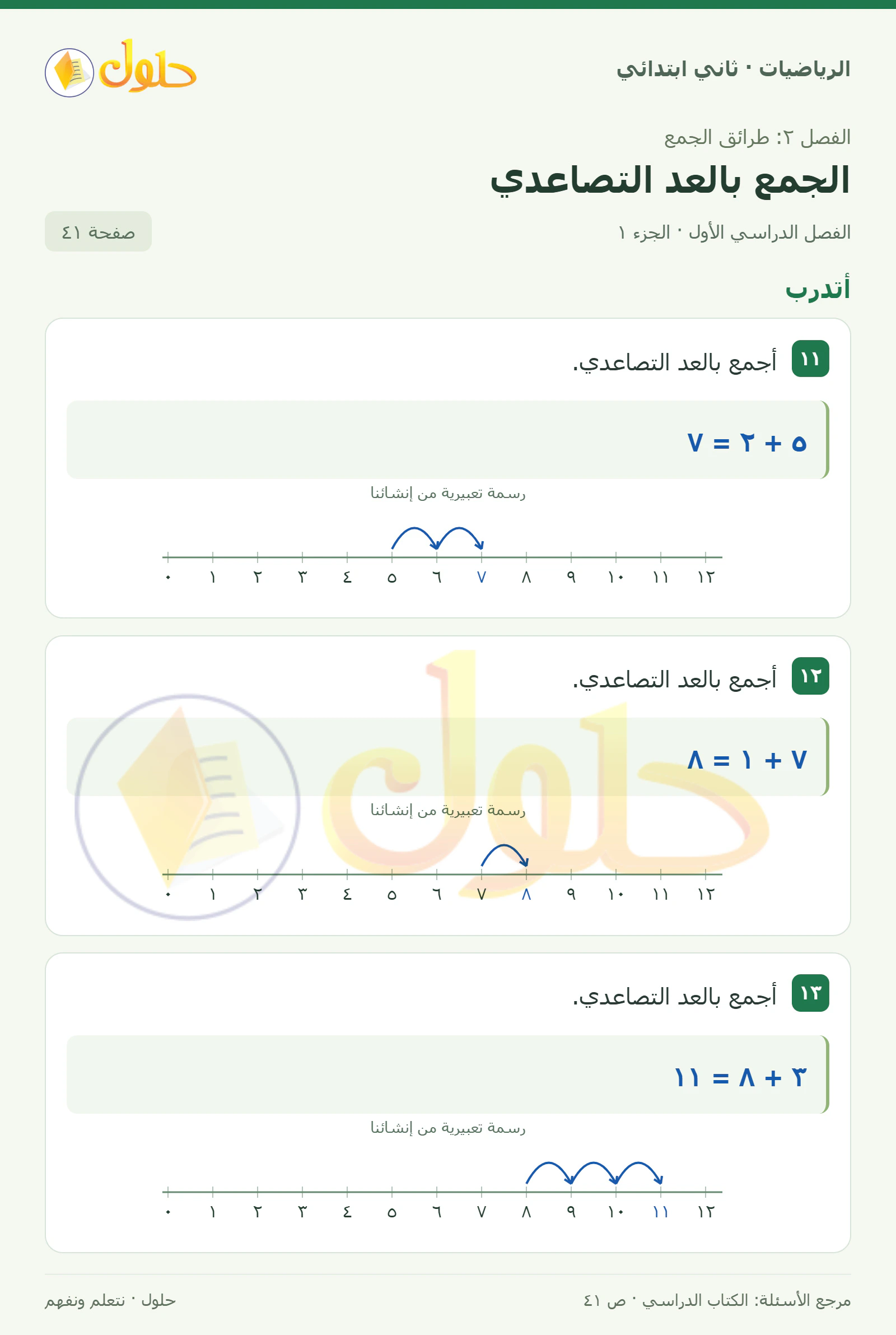 حل الرياضيات للصف الثاني الابتدائي، الفصل الدراسي الأول، الجمع بالعد التصاعدي، صفحة ٤١، الجزء ١