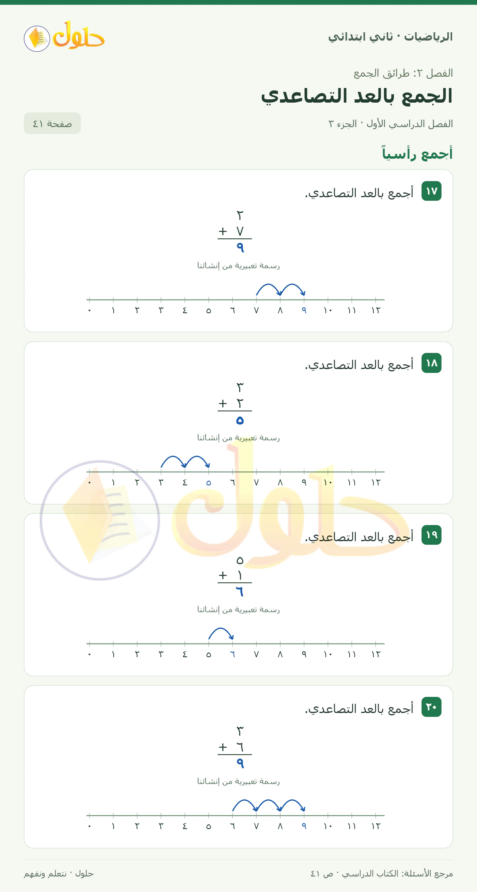 حل الرياضيات للصف الثاني الابتدائي، الفصل الدراسي الأول، الجمع بالعد التصاعدي، صفحة ٤١، الجزء ٣