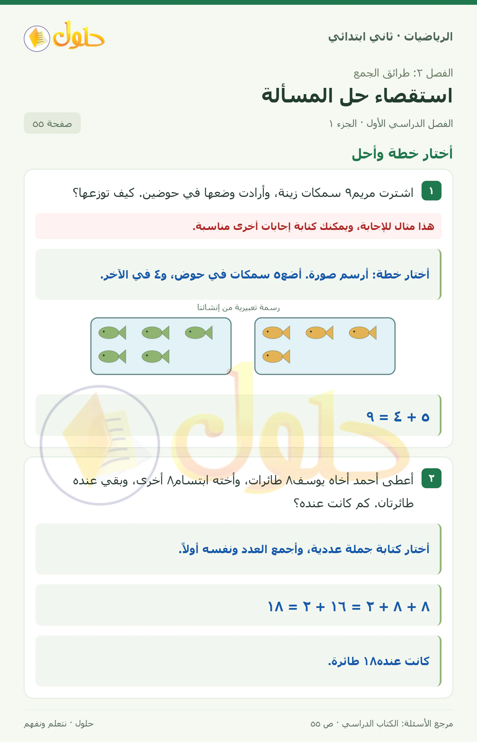 حل الرياضيات للصف الثاني الابتدائي، الفصل الدراسي الأول، استقصاء حل المسألة، صفحة ٥٥، الجزء ١