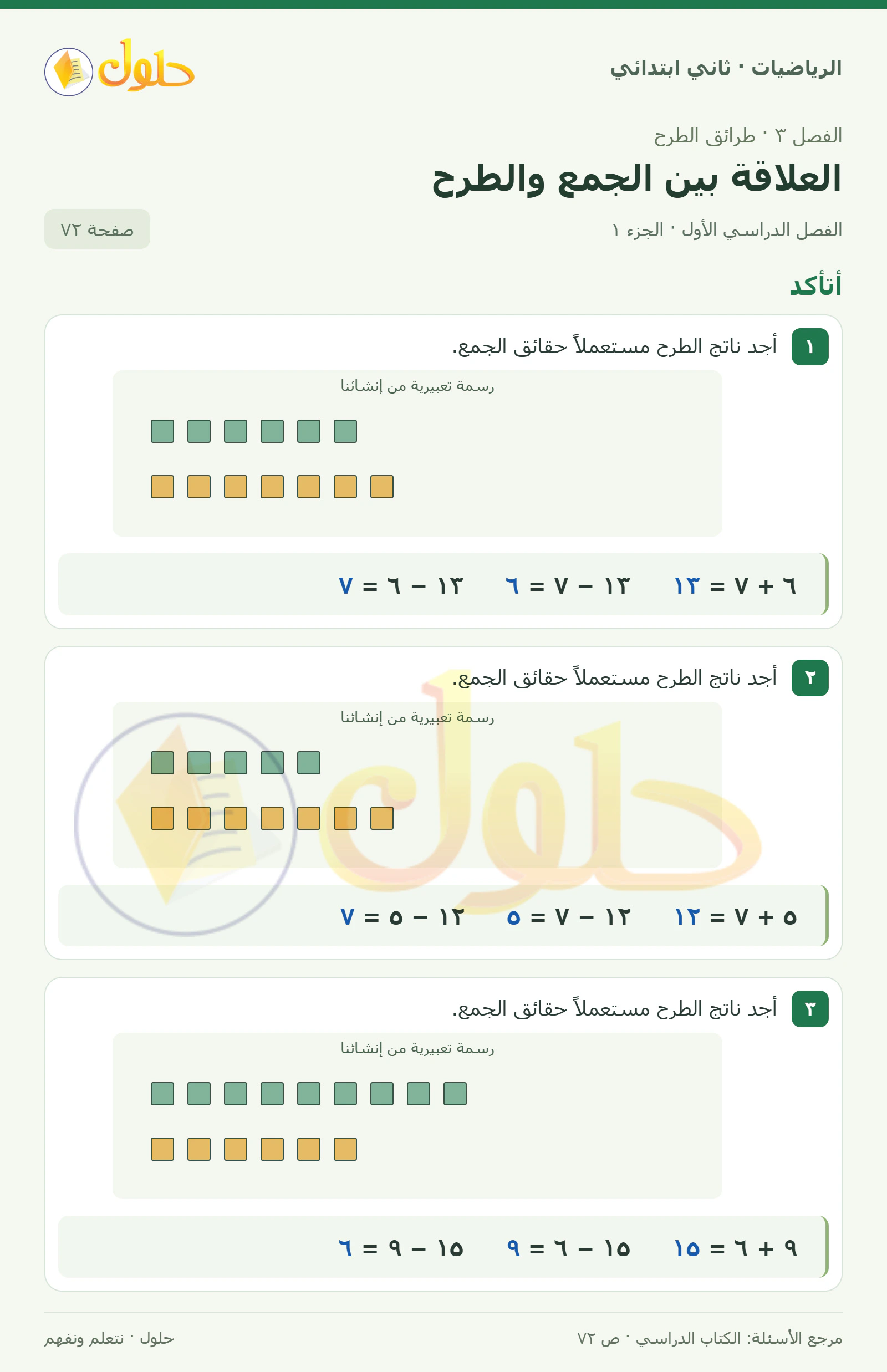 حل الرياضيات للصف الثاني الابتدائي، الفصل الدراسي الأول، العلاقة بين الجمع والطرح، صفحة ٧٢، الجزء ١