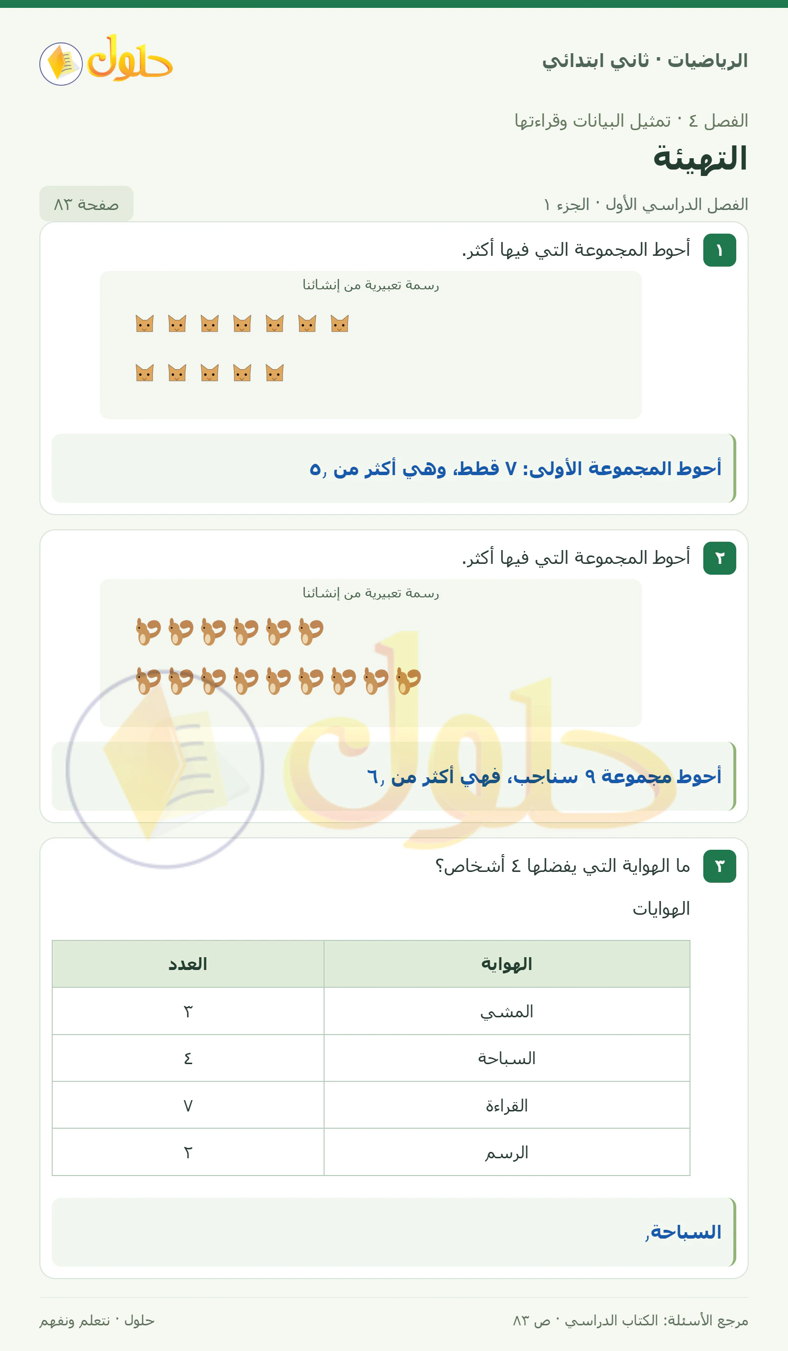 حل الرياضيات للصف الثاني الابتدائي، الفصل الدراسي الأول، التهيئة، صفحة ٨٣، الجزء ١