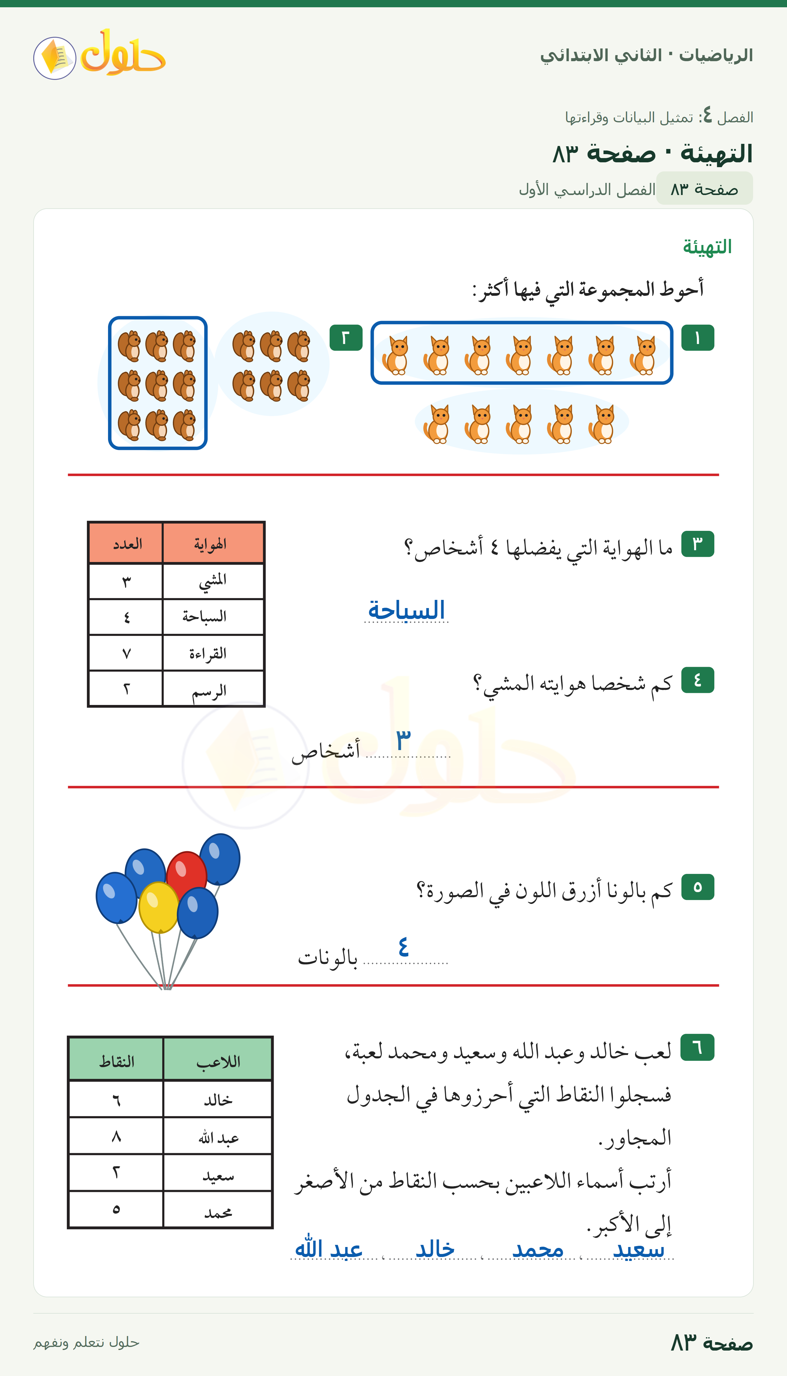 الرياضيات · ثاني ابتدائي · التهيئة · صفحة ٨٣