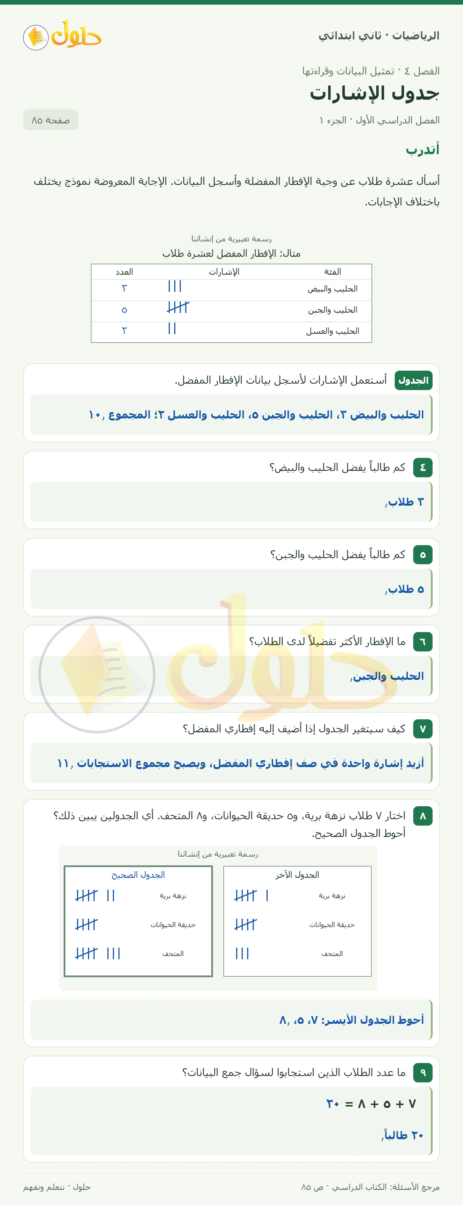 حل الرياضيات للصف الثاني الابتدائي، الفصل الدراسي الأول، جدول الإشارات، صفحة ٨٥، الجزء ١