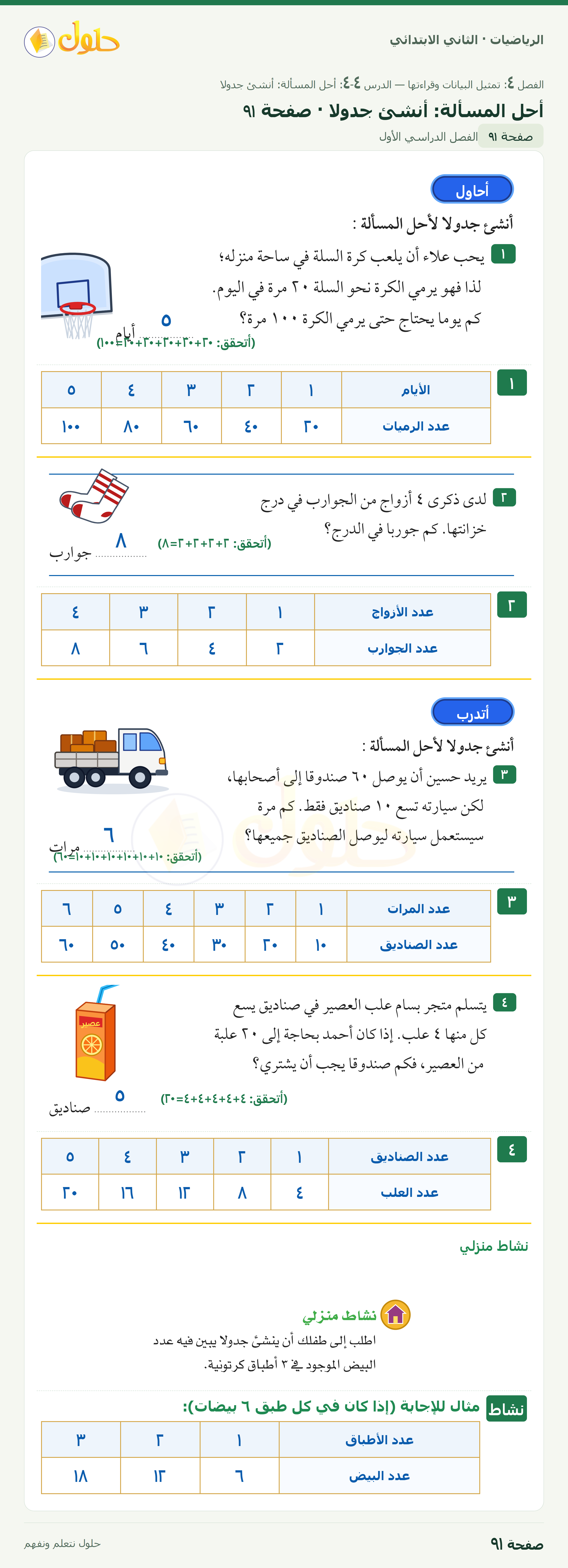الرياضيات · ثاني ابتدائي · أحل المسألة: أنشئ جدولاً · صفحة ٩١