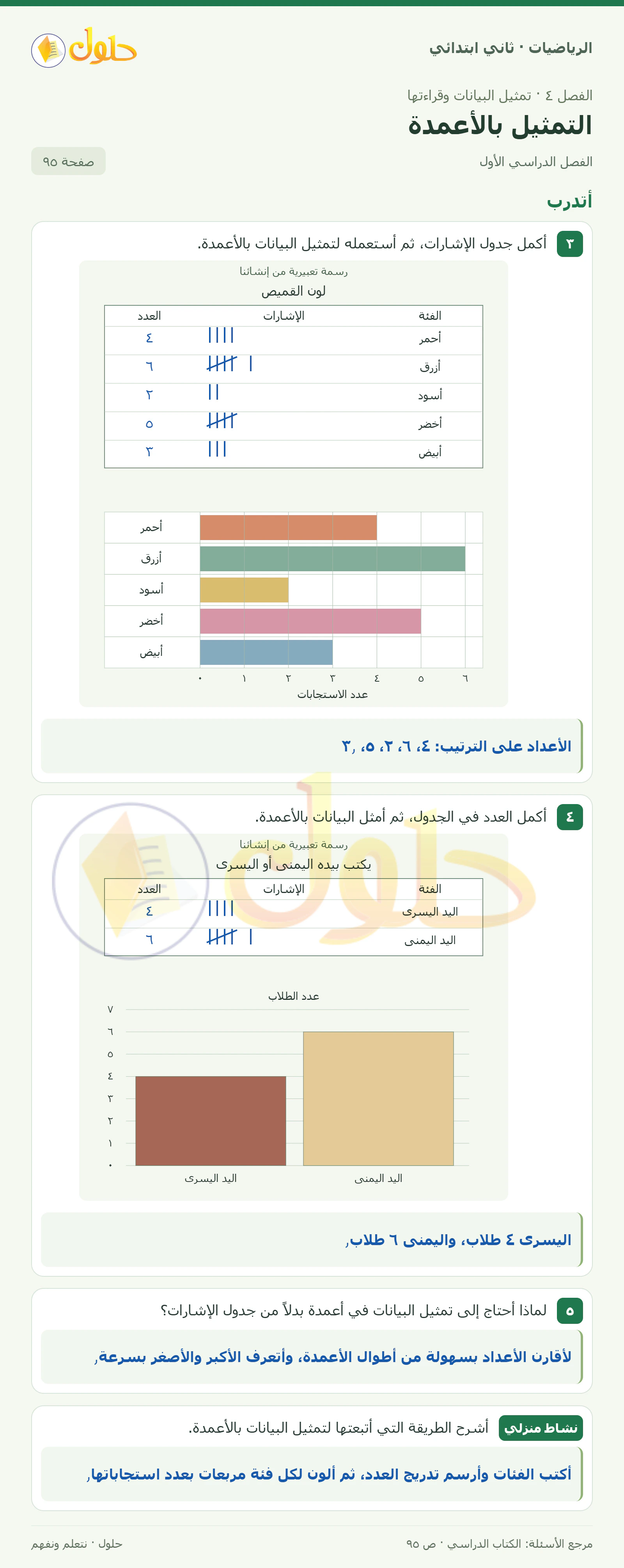 حل الرياضيات للصف الثاني الابتدائي، الفصل الدراسي الأول، التمثيل بالأعمدة، صفحة ٩٥، الجزء ١