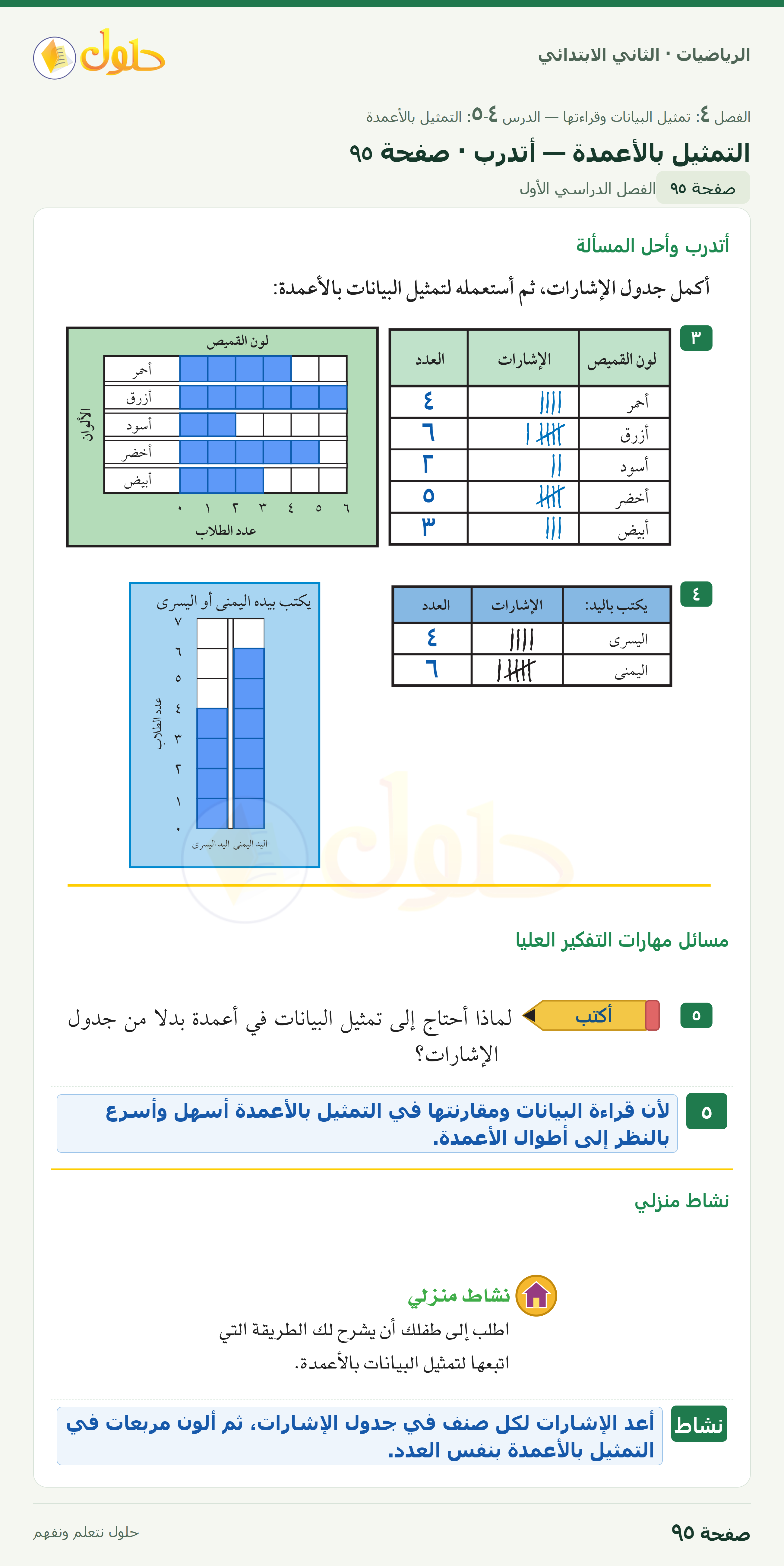 الرياضيات · ثاني ابتدائي · التمثيل بالأعمدة · صفحة ٩٥