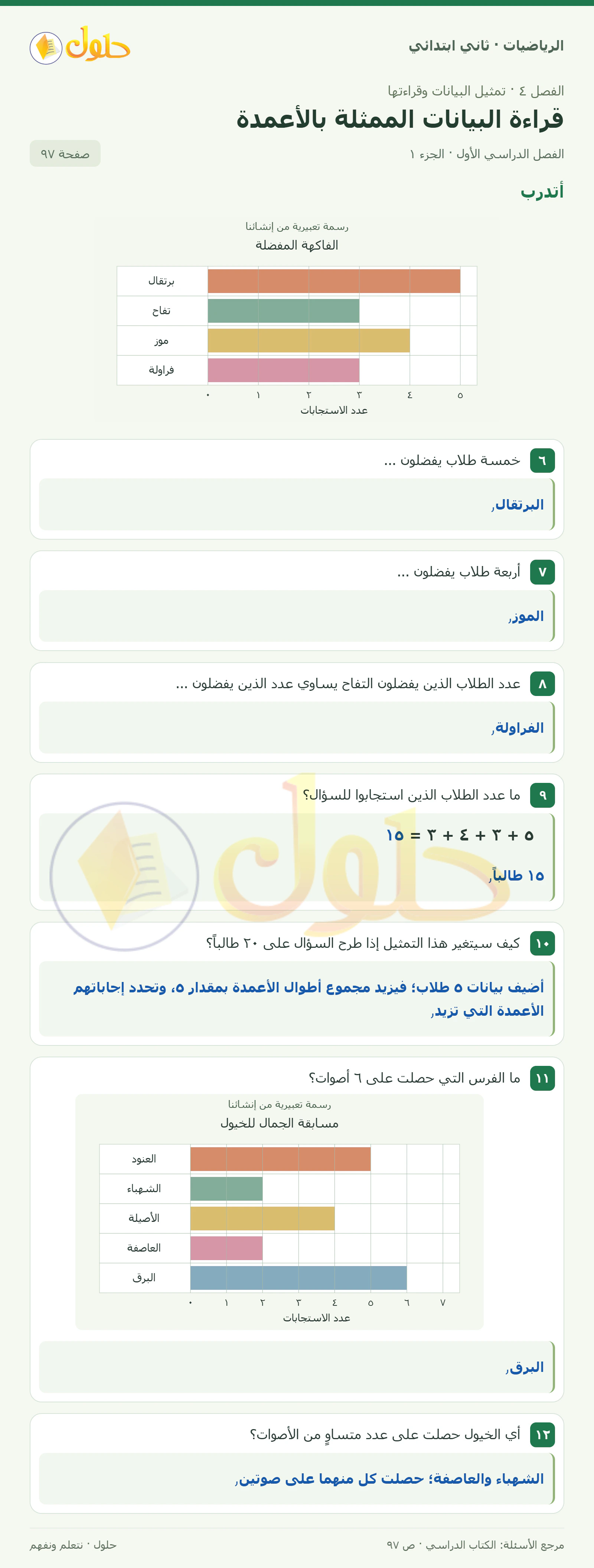 حل الرياضيات للصف الثاني الابتدائي، الفصل الدراسي الأول، قراءة البيانات الممثلة بالأعمدة، صفحة ٩٧، الجزء ١