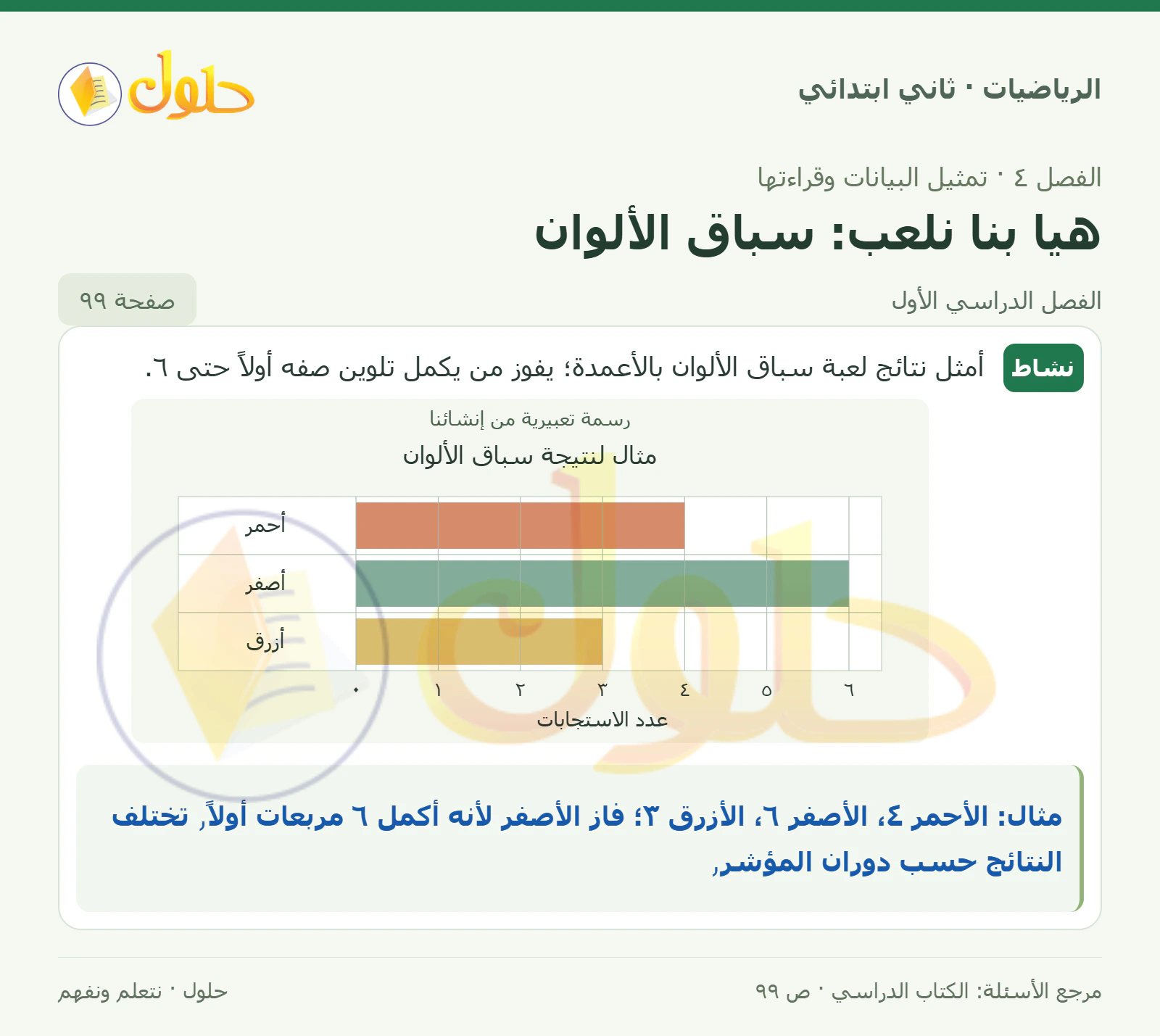 حل الرياضيات للصف الثاني الابتدائي، الفصل الدراسي الأول، هيا بنا نلعب: سباق الألوان، صفحة ٩٩، الجزء ١