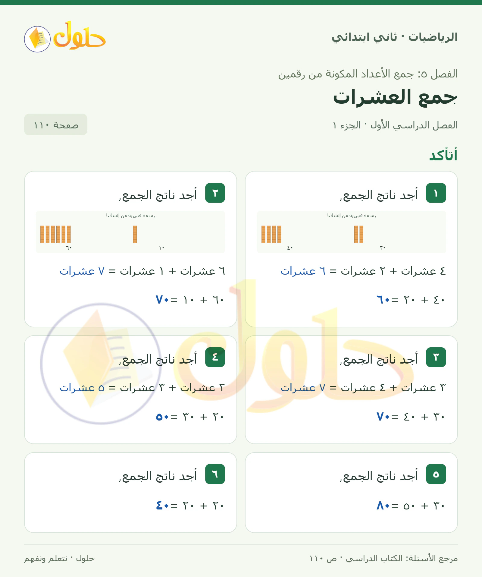 حل الرياضيات للصف الثاني الابتدائي، الفصل الدراسي الأول، جمع العشرات، صفحة ١١٠، الجزء ١