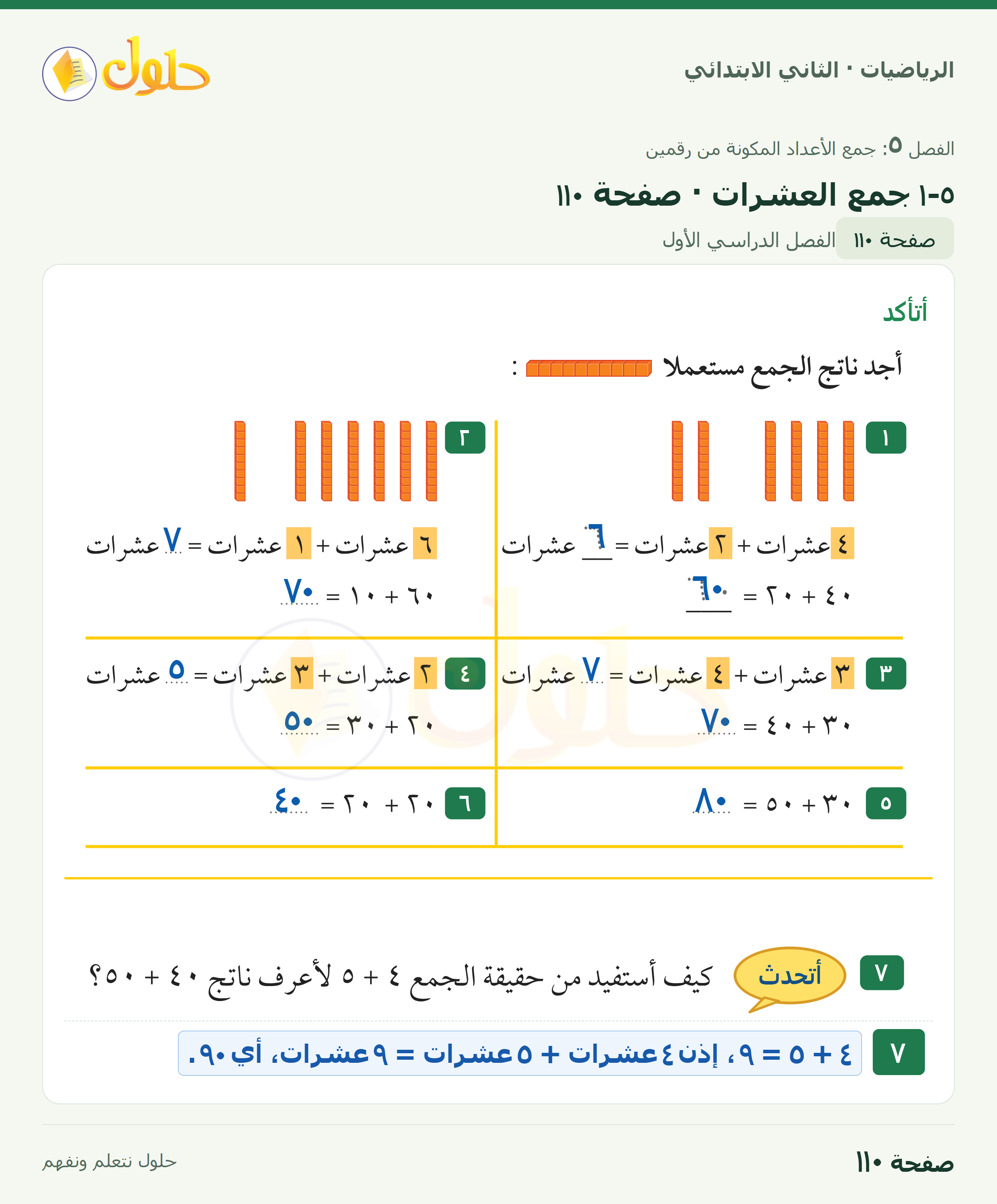 الرياضيات · ثاني ابتدائي · جمع العشرات — أتأكد · صفحة ١١٠