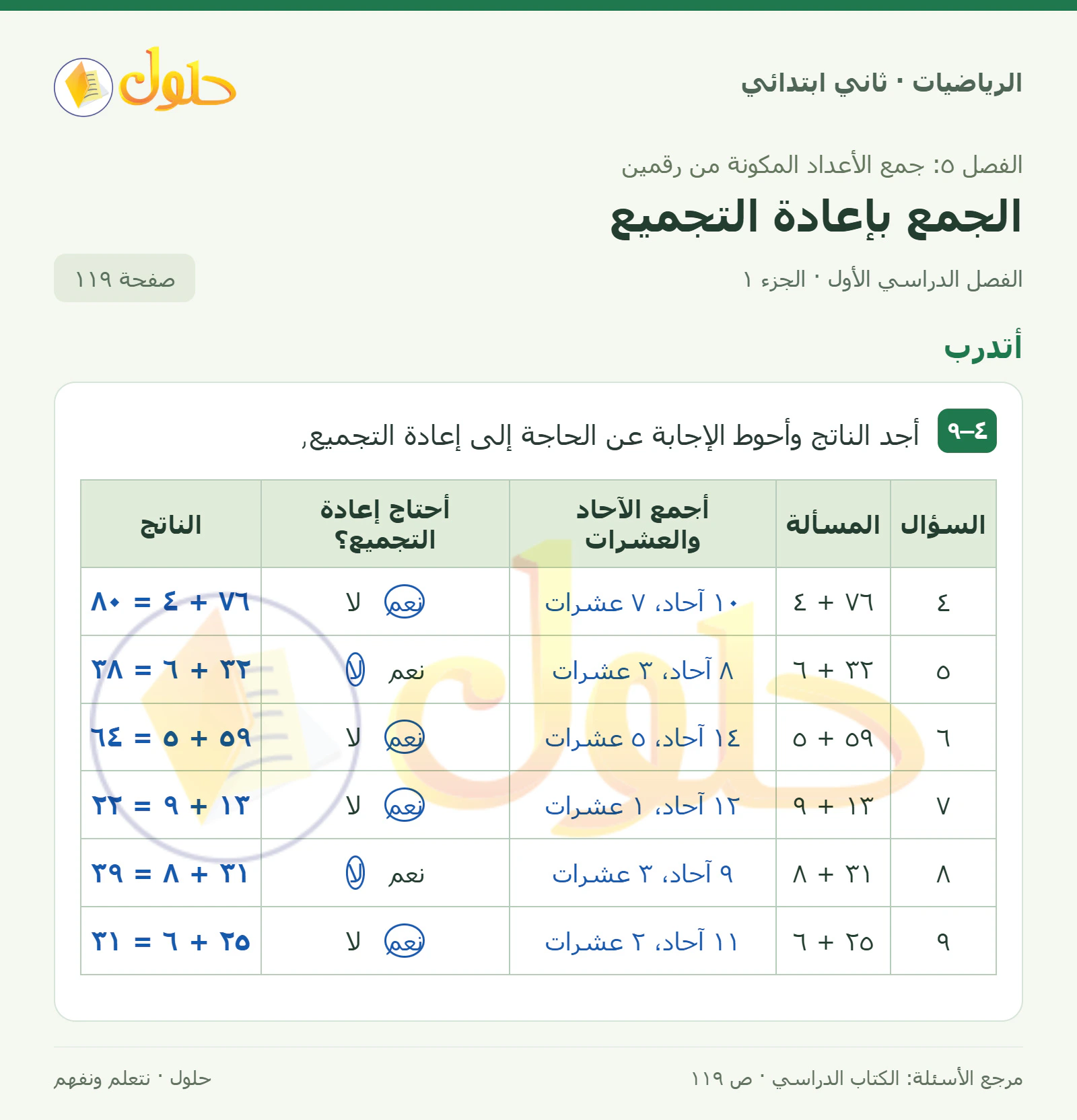 حل الرياضيات للصف الثاني الابتدائي، الفصل الدراسي الأول، الجمع بإعادة التجميع، صفحة ١١٩، الجزء ١