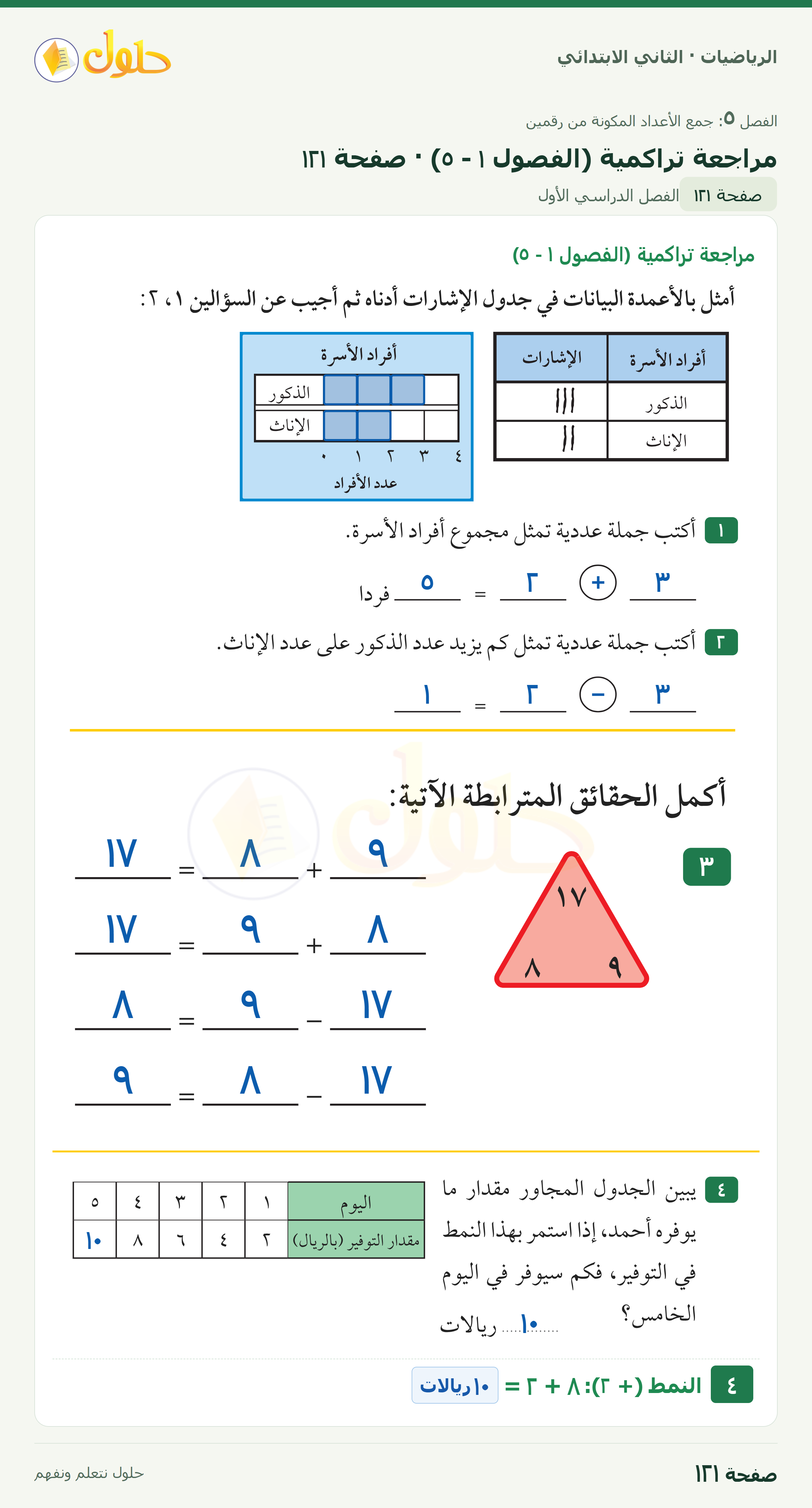 الرياضيات · ثاني ابتدائي · مراجعة تراكمية · صفحة ١٢١