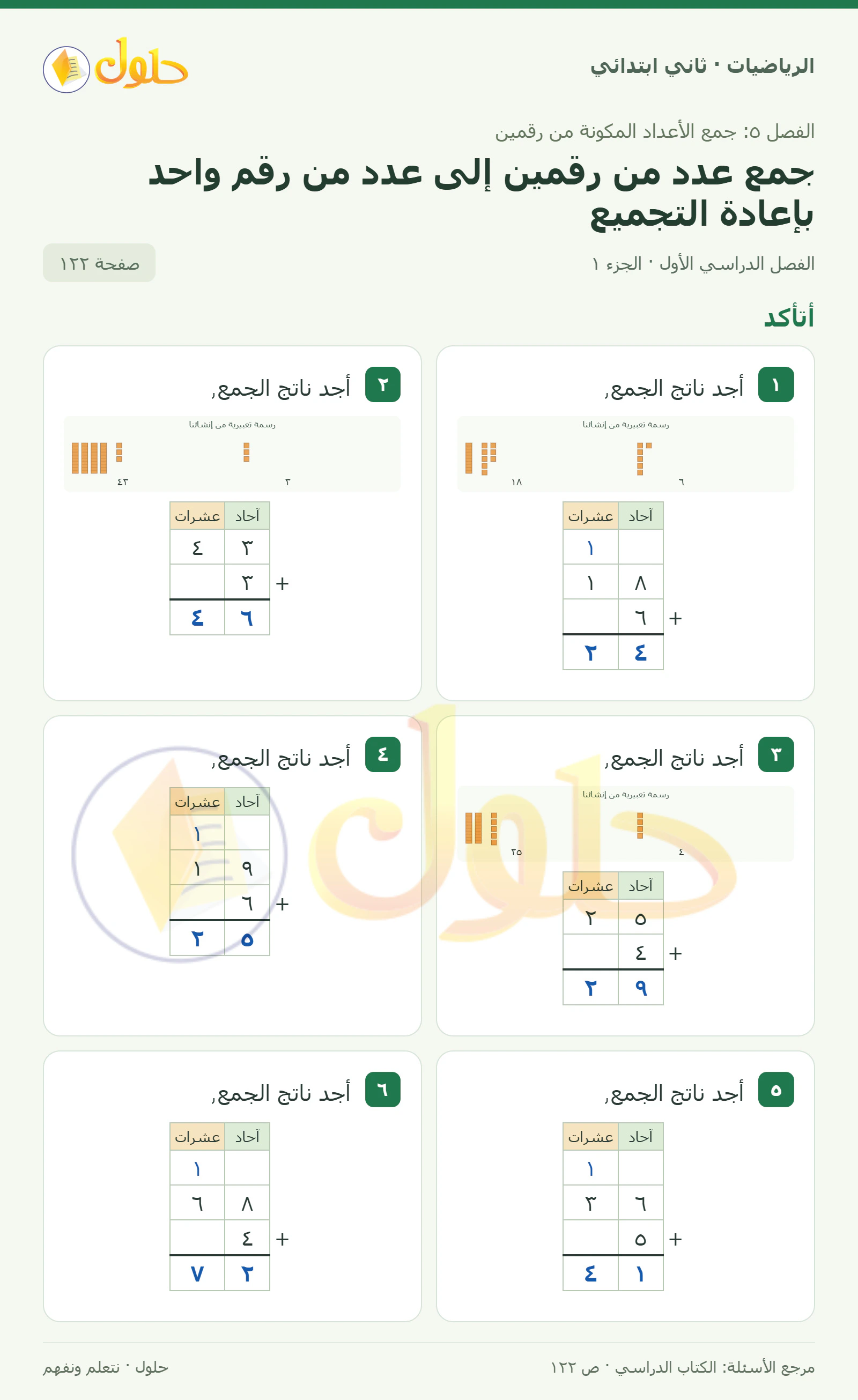 حل الرياضيات للصف الثاني الابتدائي، الفصل الدراسي الأول، جمع عدد من رقمين إلى عدد من رقم واحد بإعادة التجميع، صفحة ١٢٢، الجزء ١