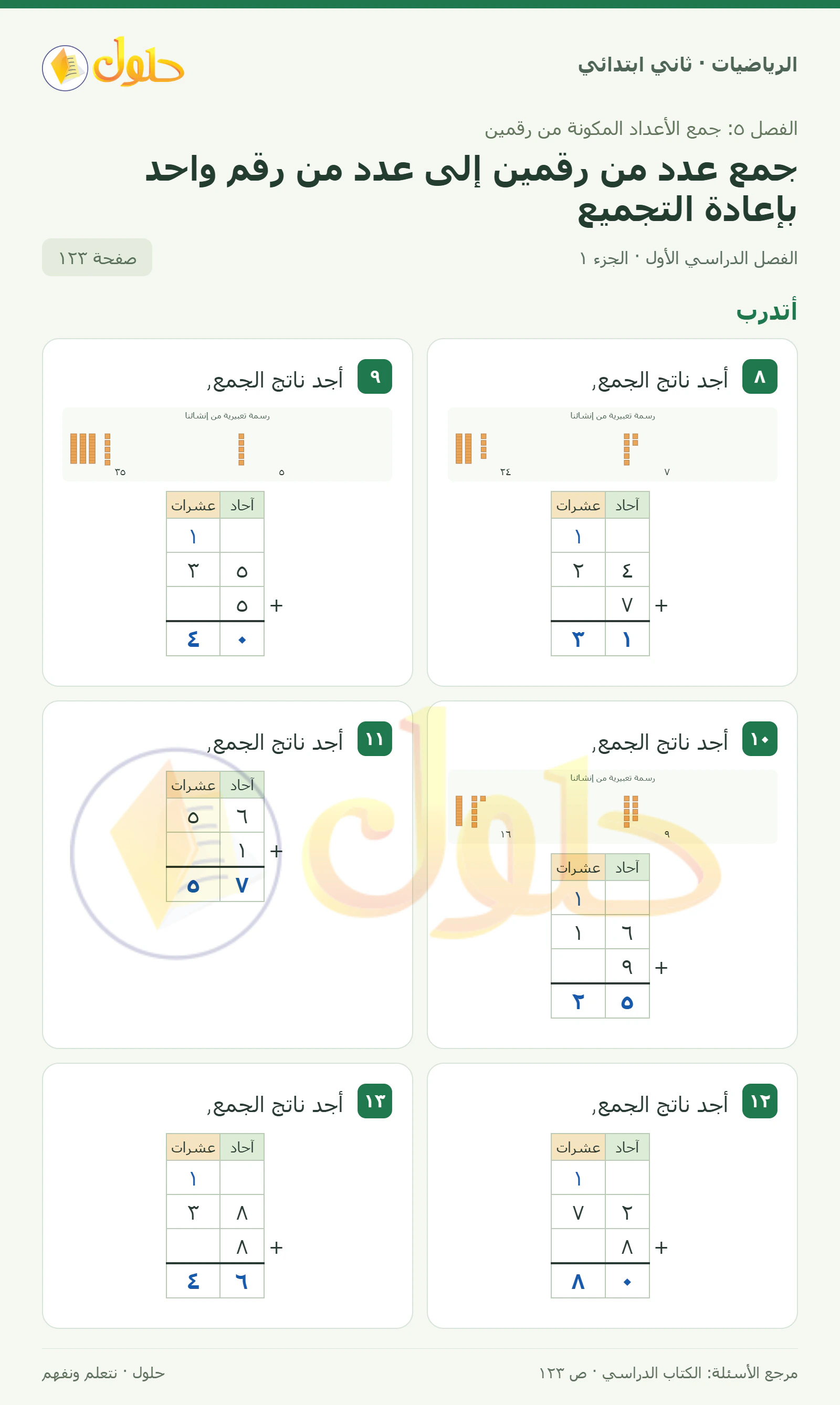 حل الرياضيات للصف الثاني الابتدائي، الفصل الدراسي الأول، جمع عدد من رقمين إلى عدد من رقم واحد بإعادة التجميع، صفحة ١٢٣، الجزء ١