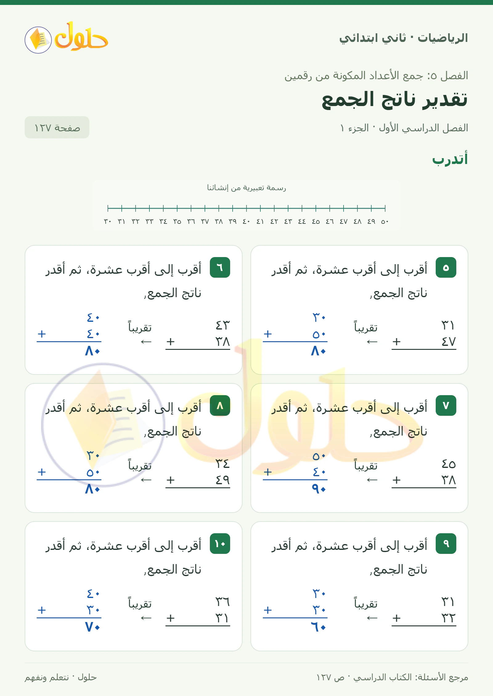 حل الرياضيات للصف الثاني الابتدائي، الفصل الدراسي الأول، تقدير ناتج الجمع، صفحة ١٢٧، الجزء ١