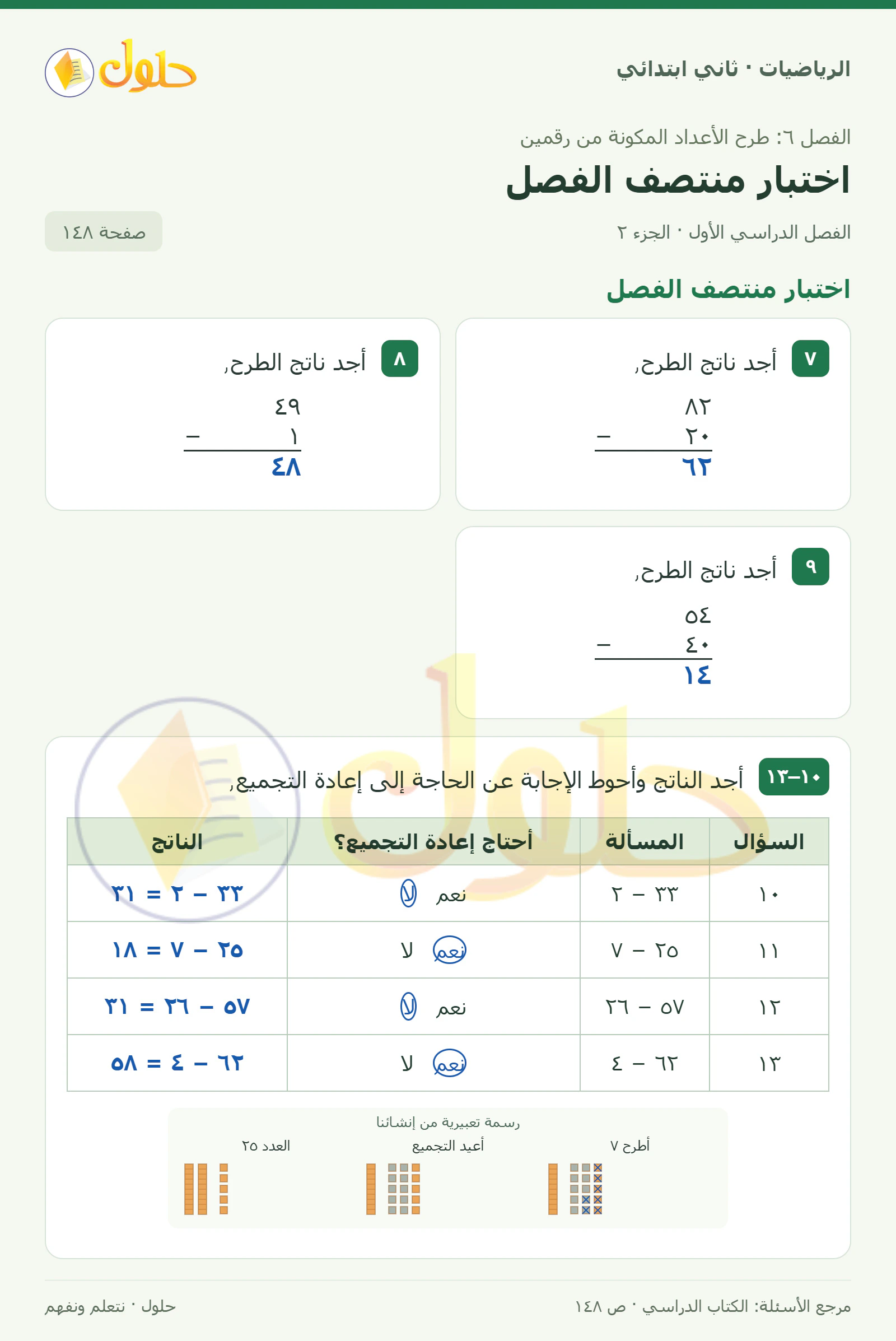 حل الرياضيات للصف الثاني الابتدائي، الفصل الدراسي الأول، اختبار منتصف الفصل، صفحة ١٤٨، الجزء ٢