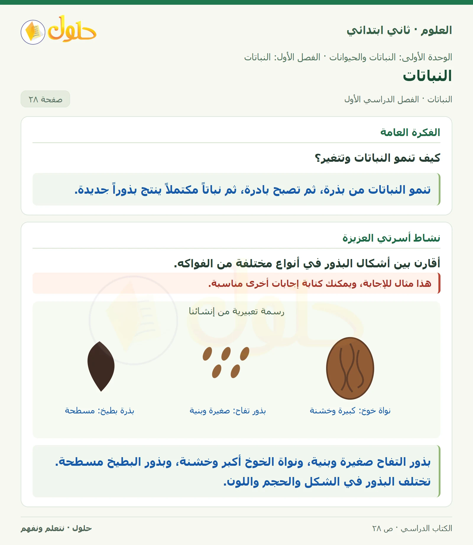 حل العلوم للصف الثاني الابتدائي صفحة 28 الجزء 1