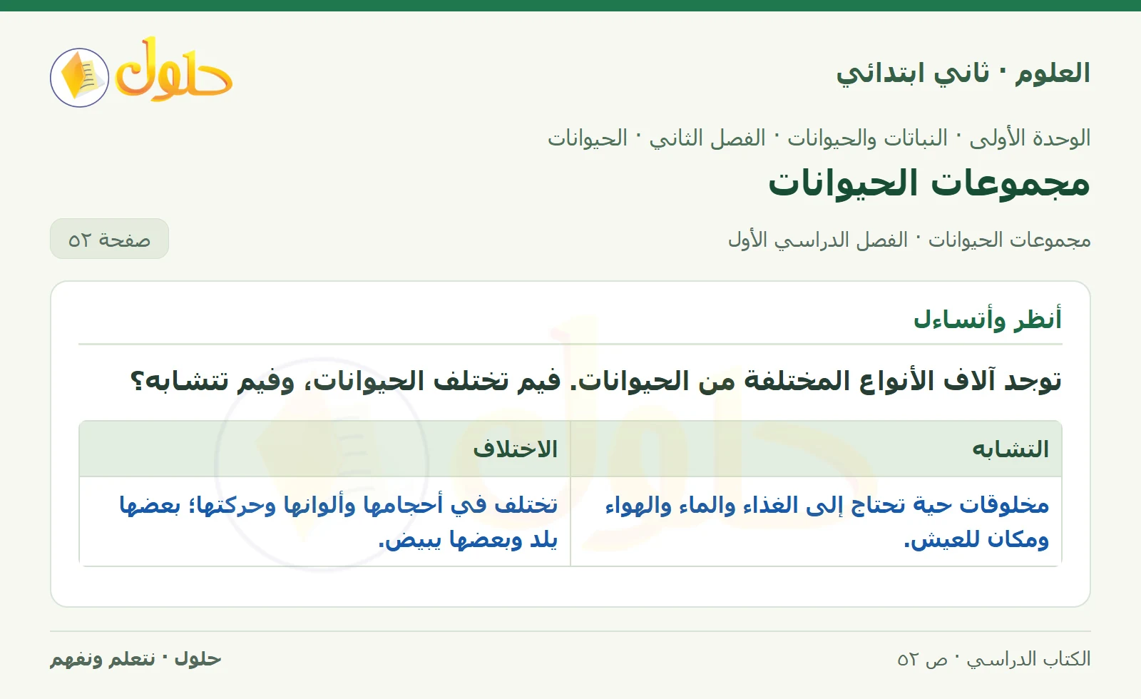 حل العلوم للصف الثاني الابتدائي صفحة 52 الجزء 1