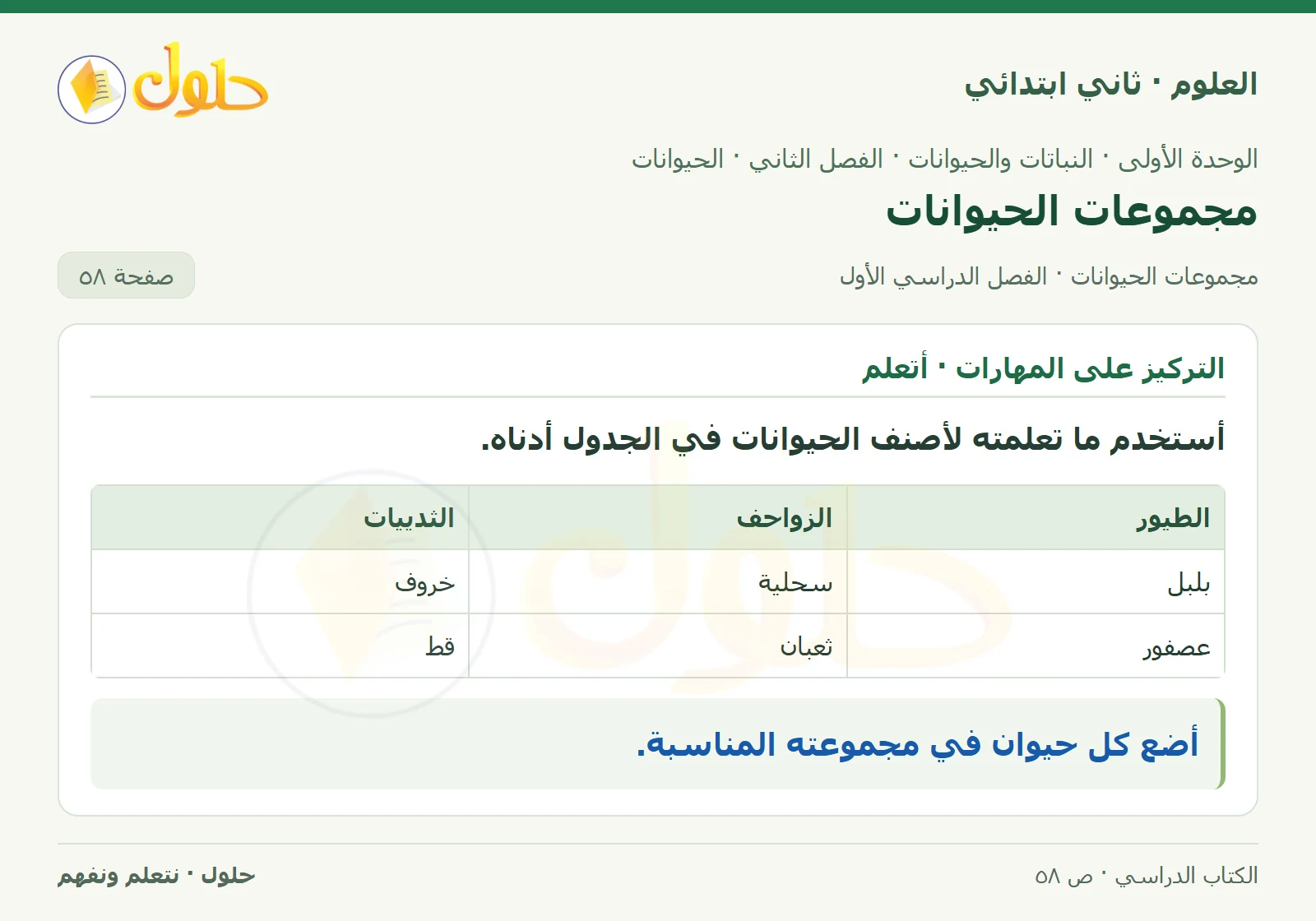 حل العلوم للصف الثاني الابتدائي صفحة 58 الجزء 1