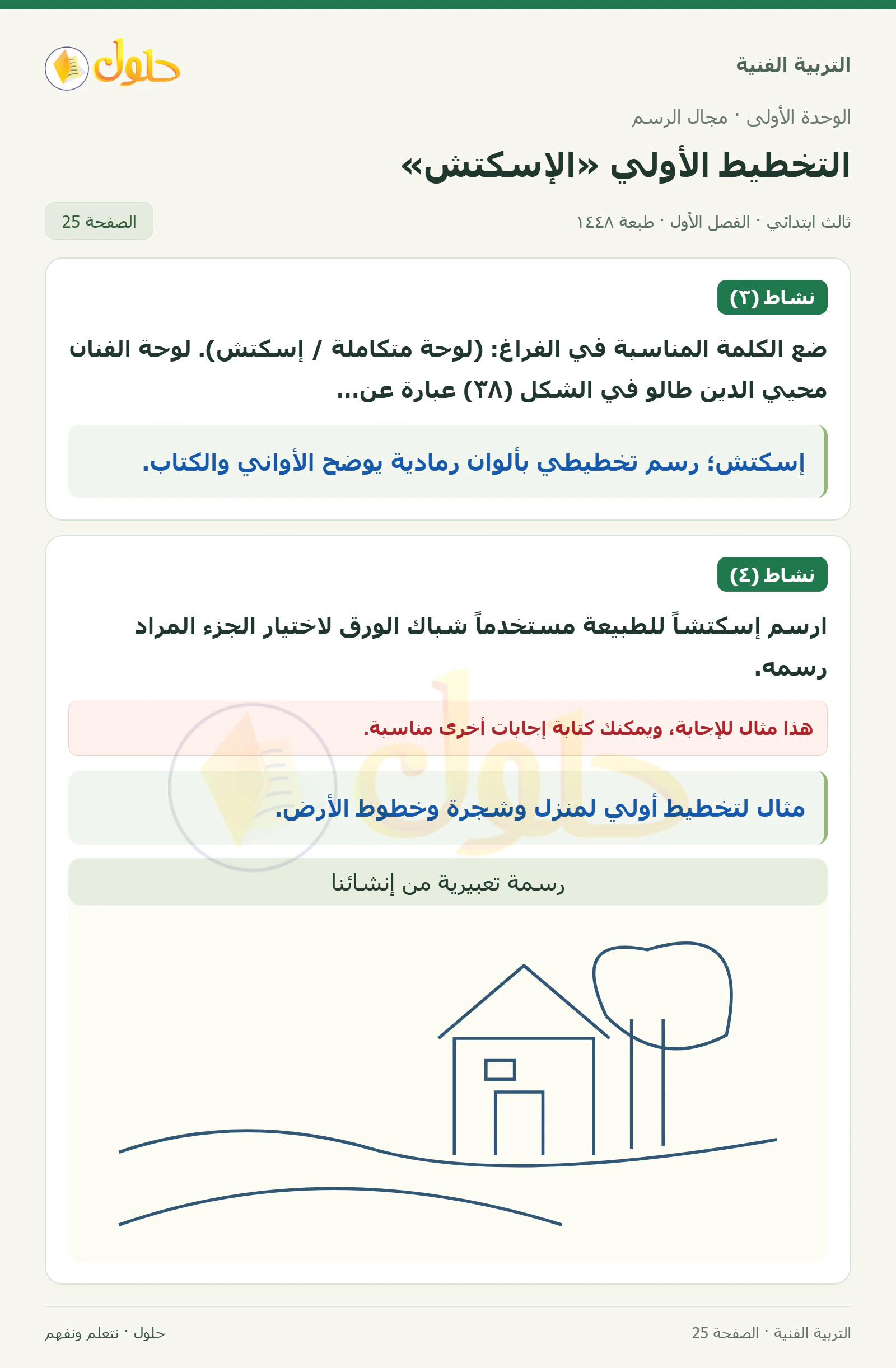 التربية الفنية للصف الثالث الابتدائي، الفصل الدراسي الأول، التخطيط الأولي «الإسكتش»، صفحة ٢٥، الجزء ١