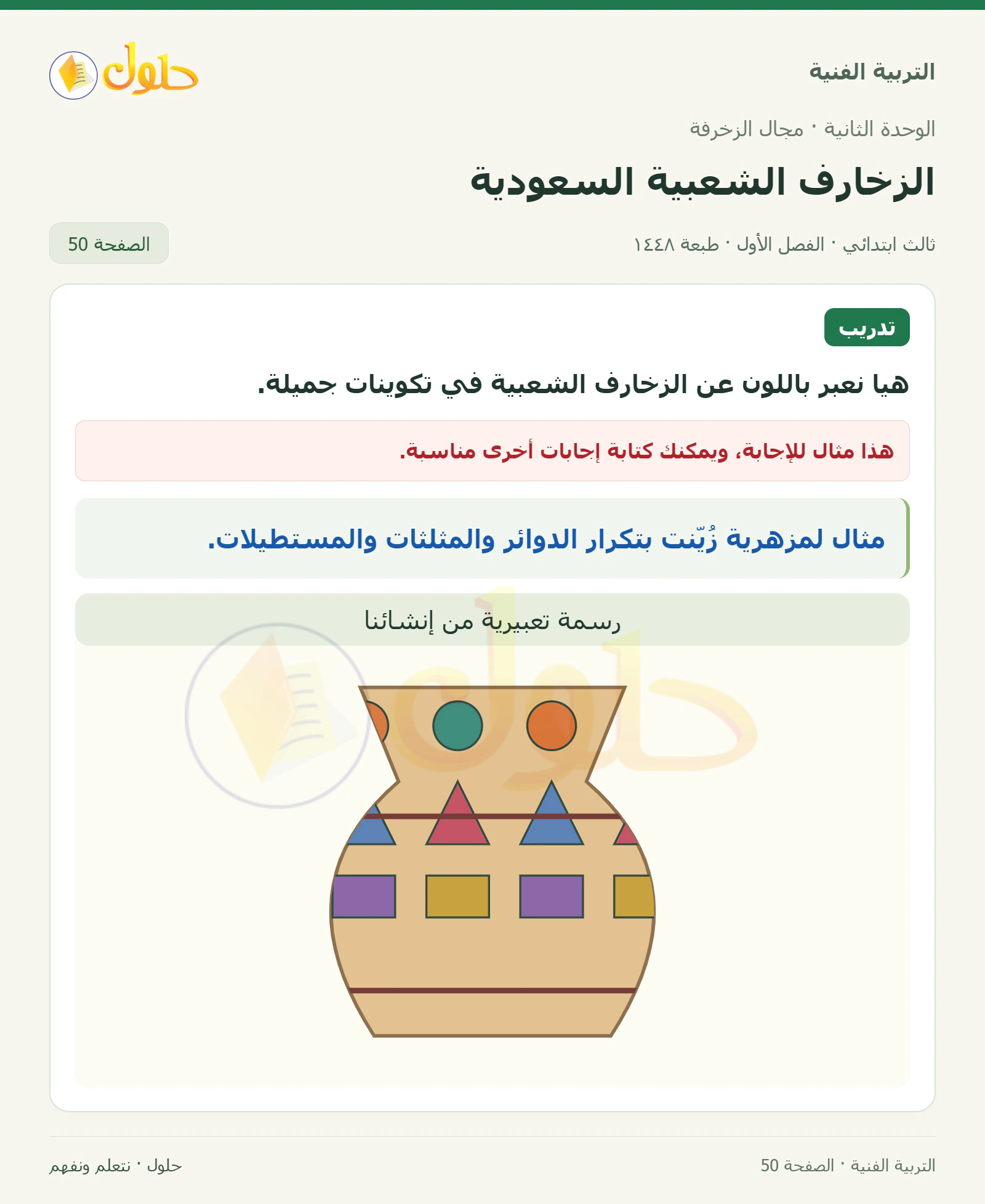 التربية الفنية للصف الثالث الابتدائي، الفصل الدراسي الأول، الزخارف الشعبية السعودية، صفحة ٥٠، الجزء ١