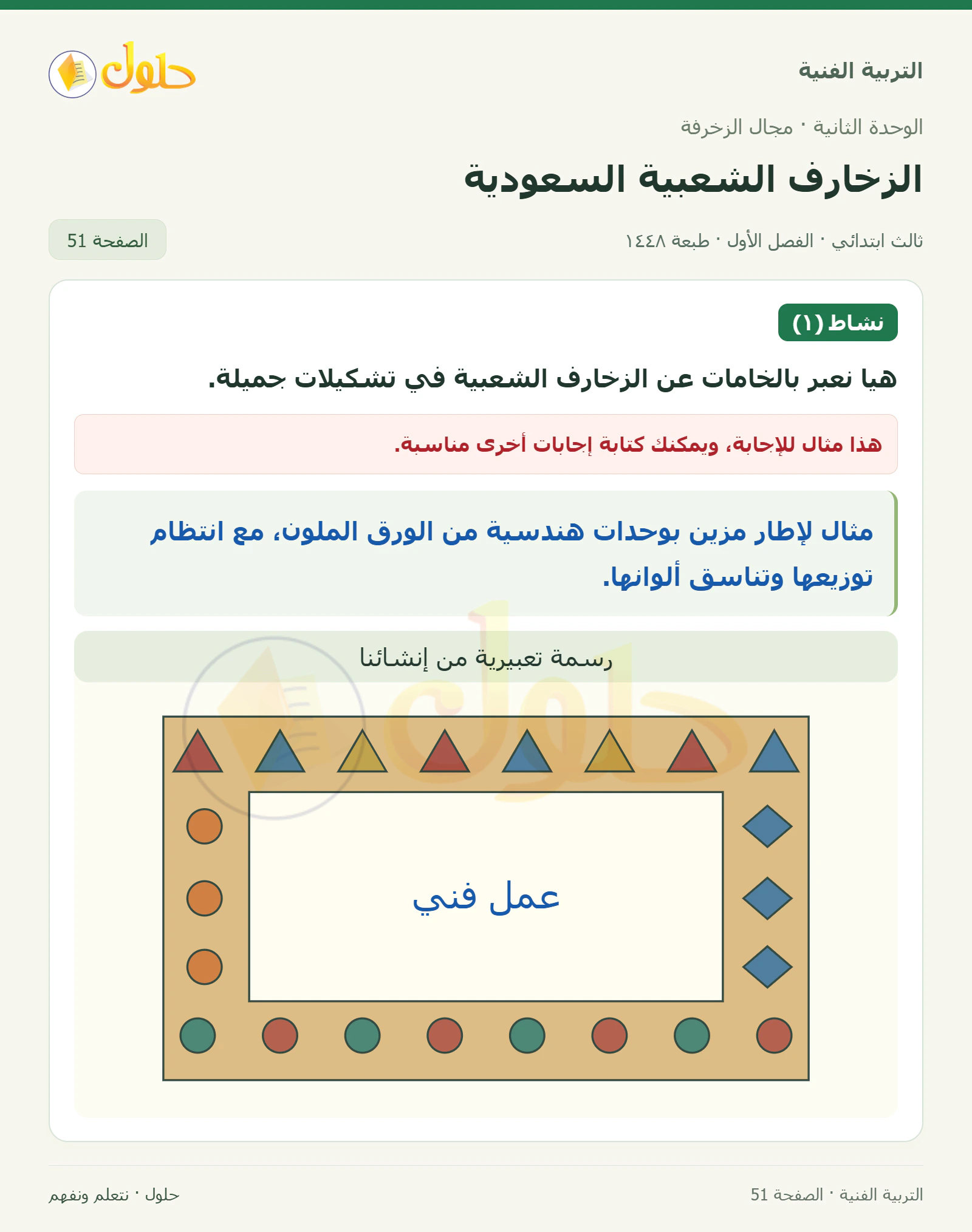 التربية الفنية للصف الثالث الابتدائي، الفصل الدراسي الأول، الزخارف الشعبية السعودية، صفحة ٥١، الجزء ١