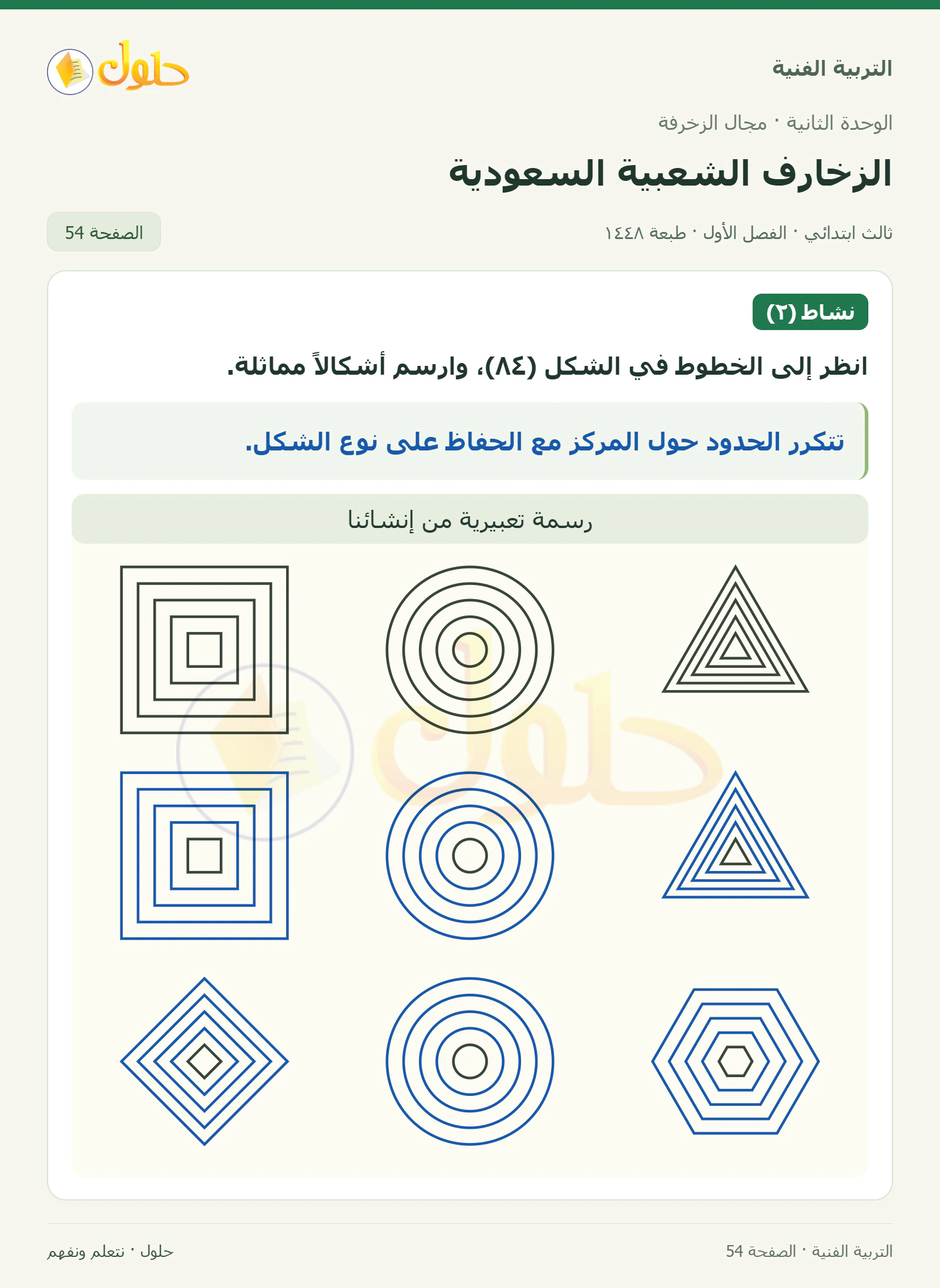 التربية الفنية للصف الثالث الابتدائي، الفصل الدراسي الأول، الزخارف الشعبية السعودية، صفحة ٥٤، الجزء ١