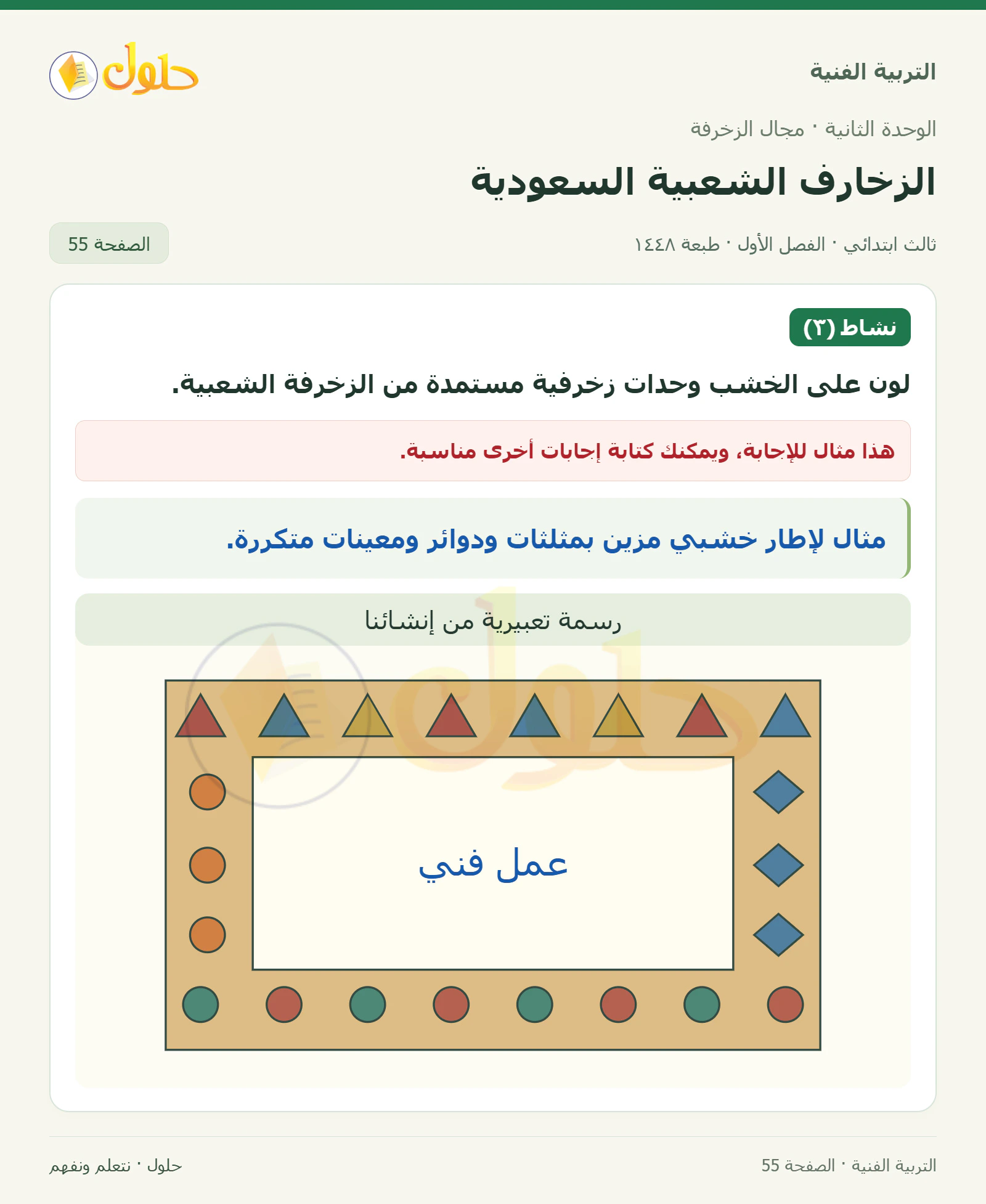 التربية الفنية للصف الثالث الابتدائي، الفصل الدراسي الأول، الزخارف الشعبية السعودية، صفحة ٥٥، الجزء ١