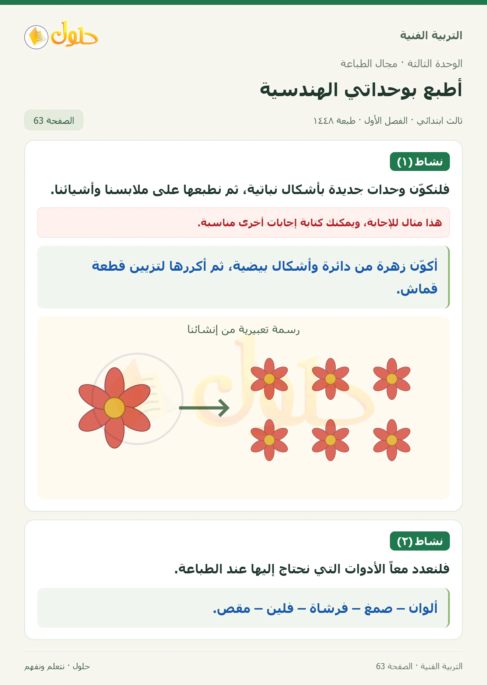 التربية الفنية للصف الثالث الابتدائي، الفصل الدراسي الأول، أطبع بوحداتي الهندسية، صفحة ٦٣، الجزء ١