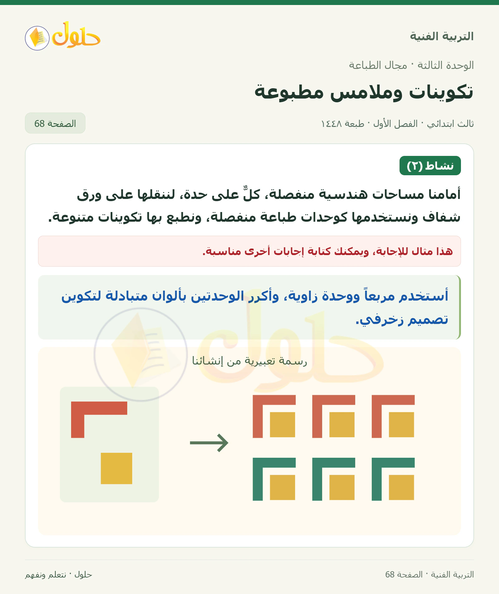 التربية الفنية للصف الثالث الابتدائي، الفصل الدراسي الأول، تكوينات وملامس مطبوعة، صفحة ٦٨، الجزء ١