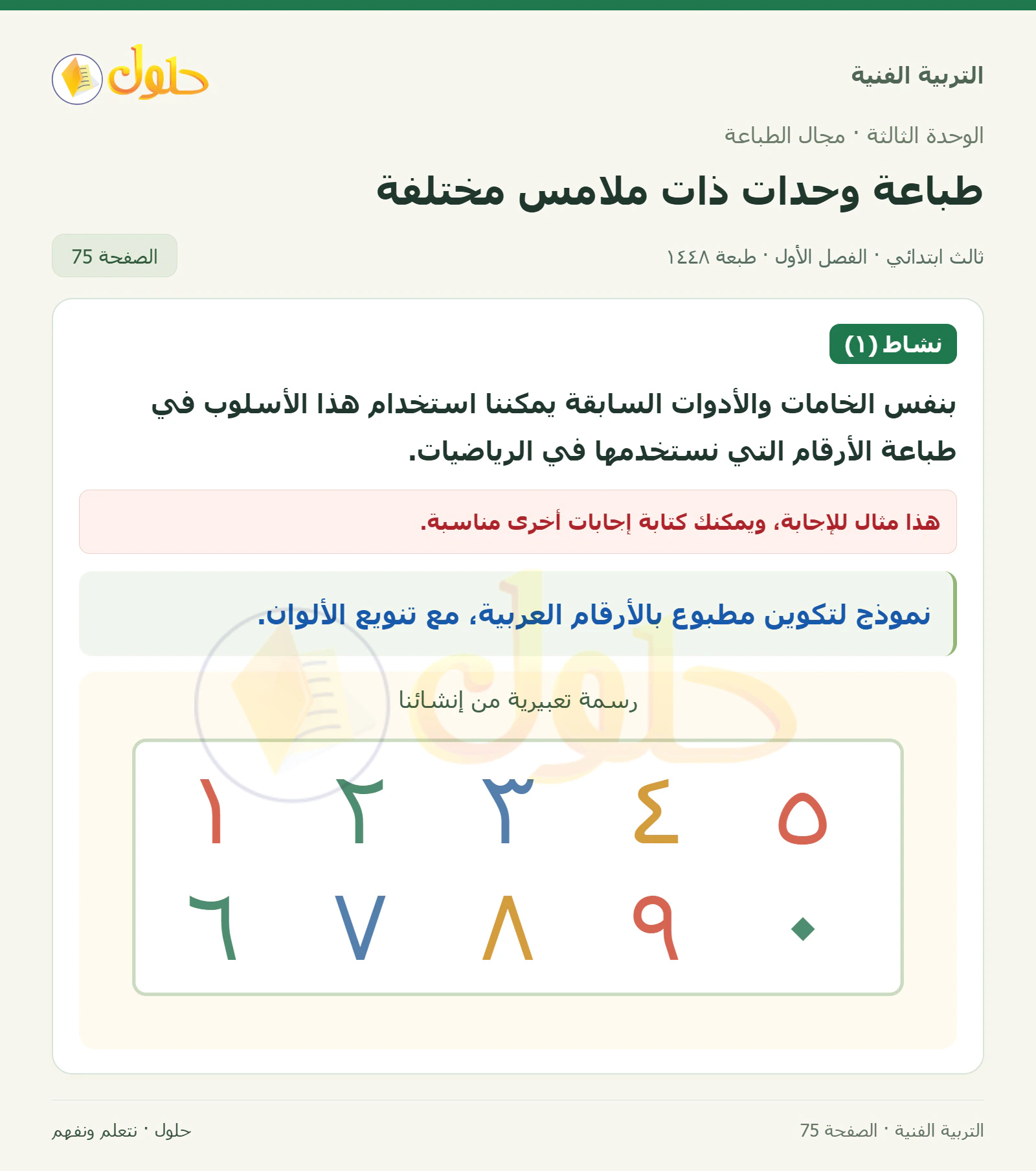 التربية الفنية للصف الثالث الابتدائي، الفصل الدراسي الأول، طباعة وحدات ذات ملامس مختلفة، صفحة ٧٥، الجزء ١