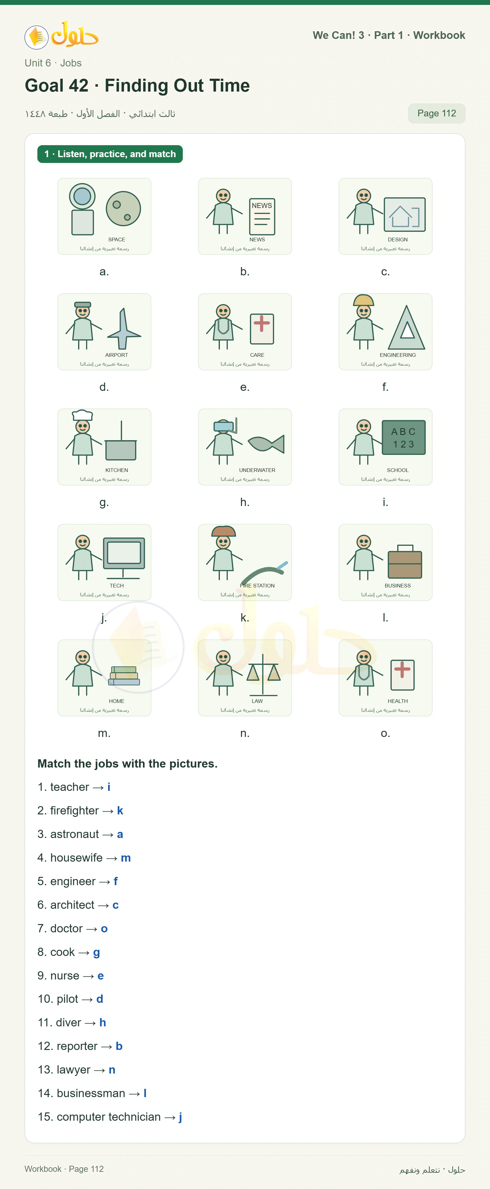 حل اللغة الإنجليزية للصف الثالث الابتدائي كتاب النشاط صفحة 112، الجزء ١