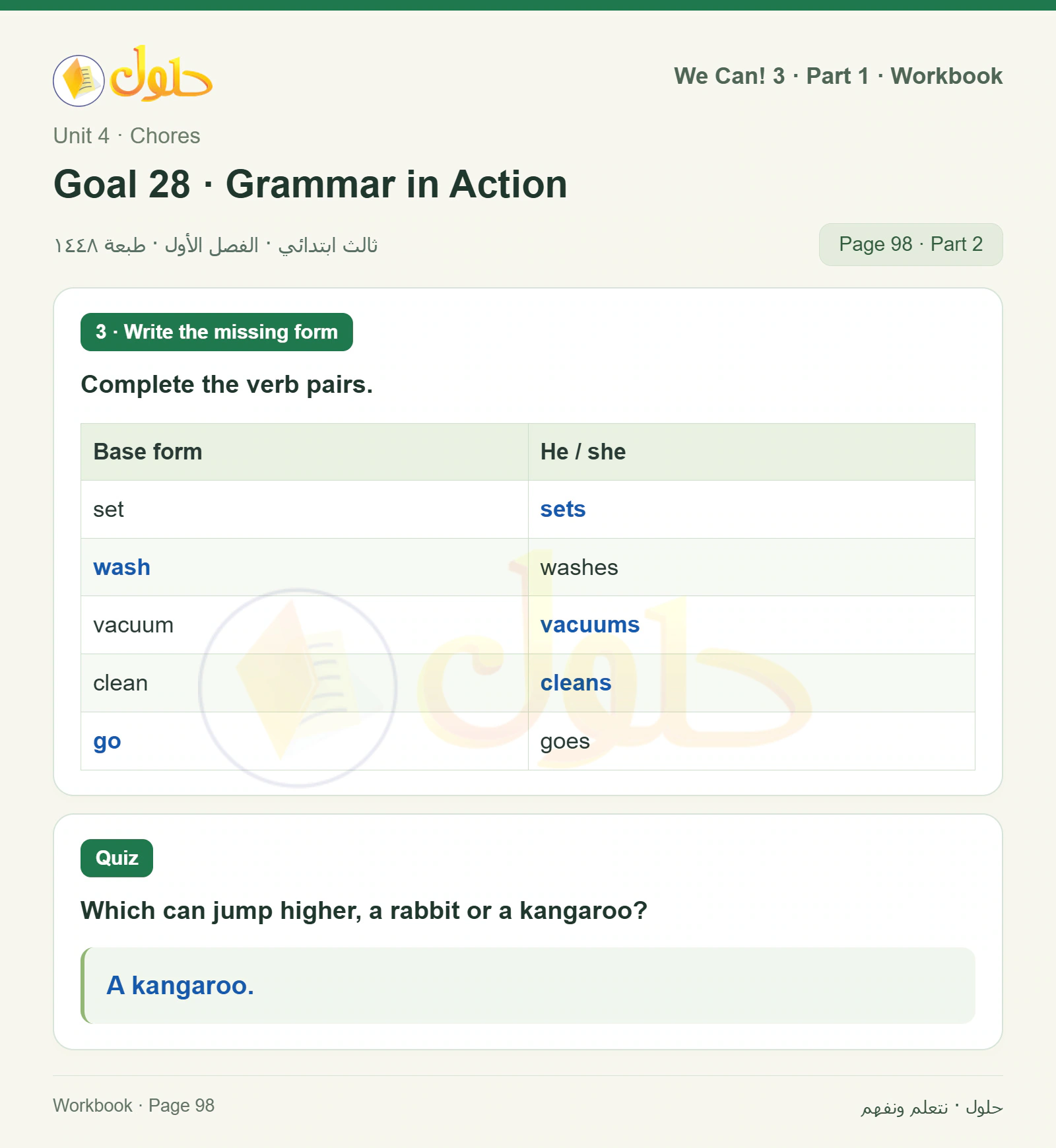 حل اللغة الإنجليزية للصف الثالث الابتدائي كتاب النشاط صفحة 98، الجزء ٢